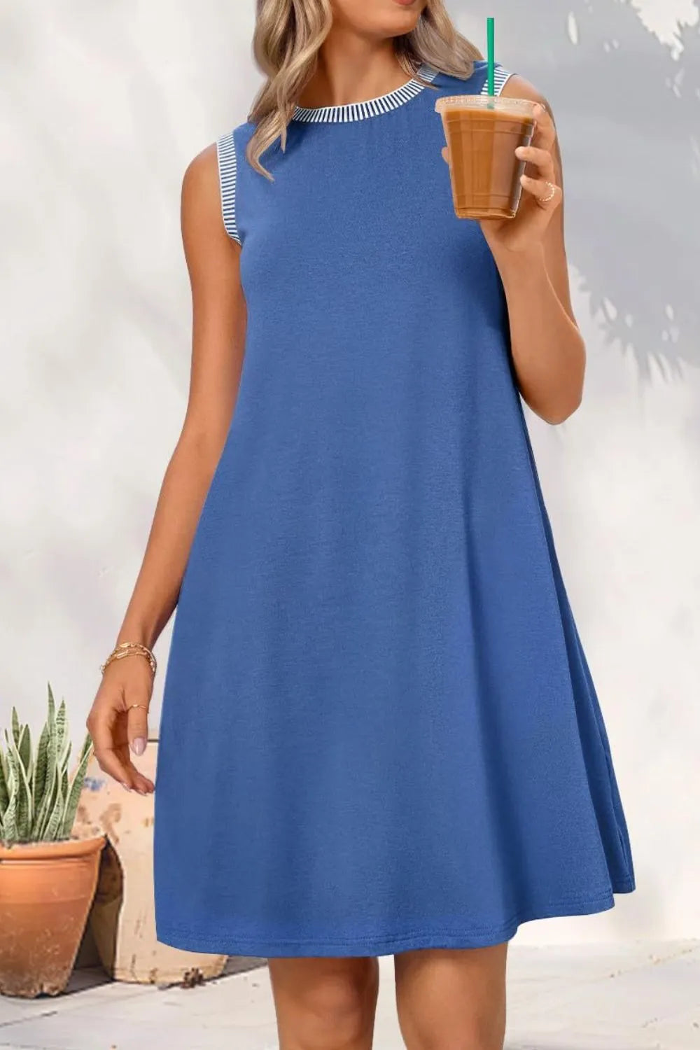 Round Neck Sleeveless Tank Dress with Pockets