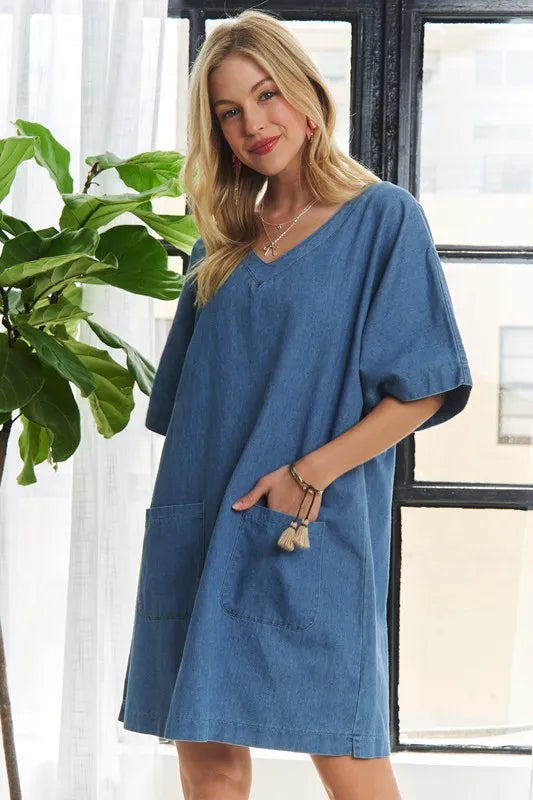 V-Neck Half Sleeve Mini Denim Dress in Peacock Blue in Peacock  Blue