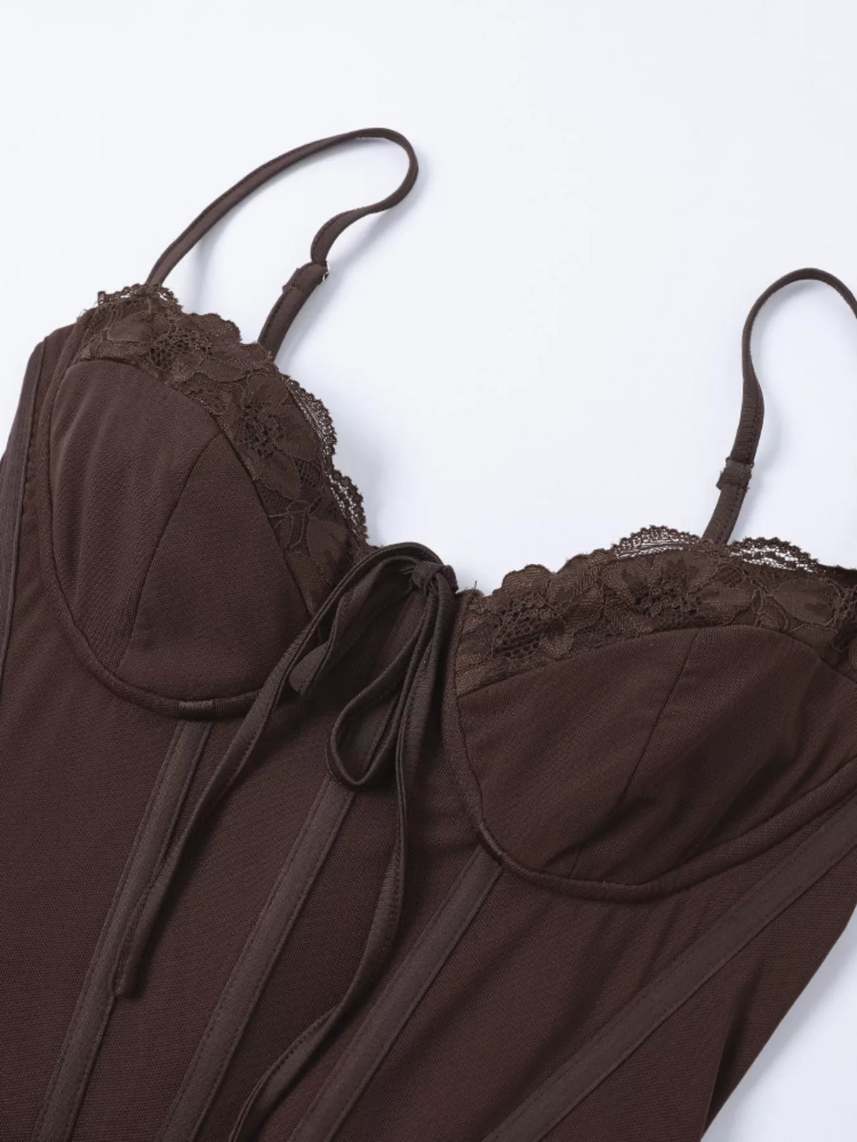 Lace Trim Sweetheart Neck Maxi Dress in Brown