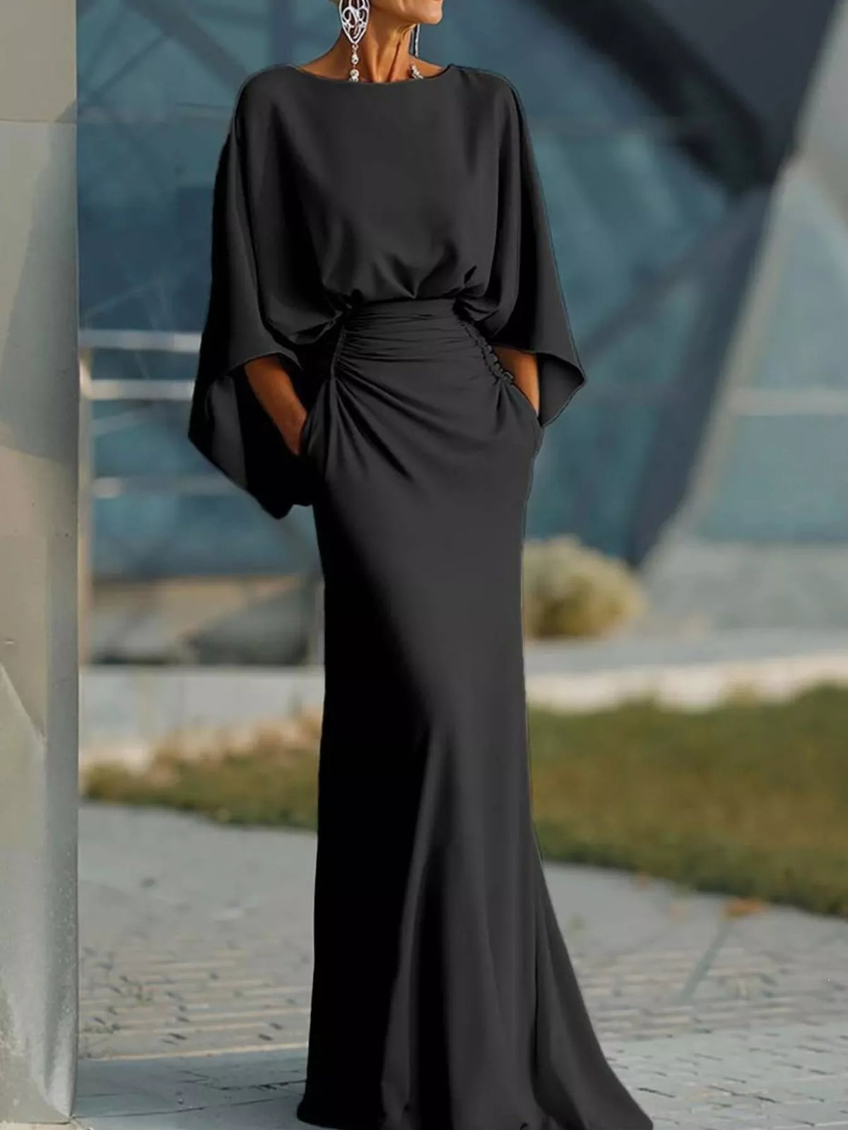 Ruched Batwing Sleeve Maxi Dress