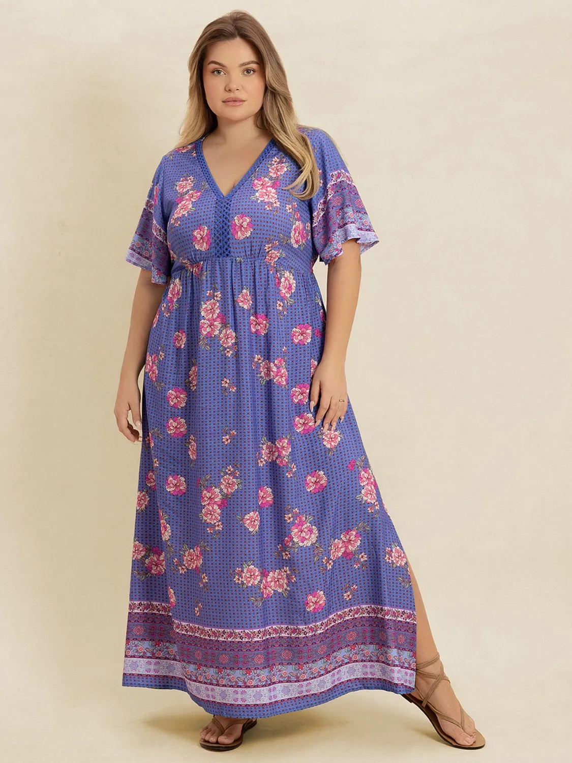 V-Neck Flutter Sleeve Dress in Blue Purple
