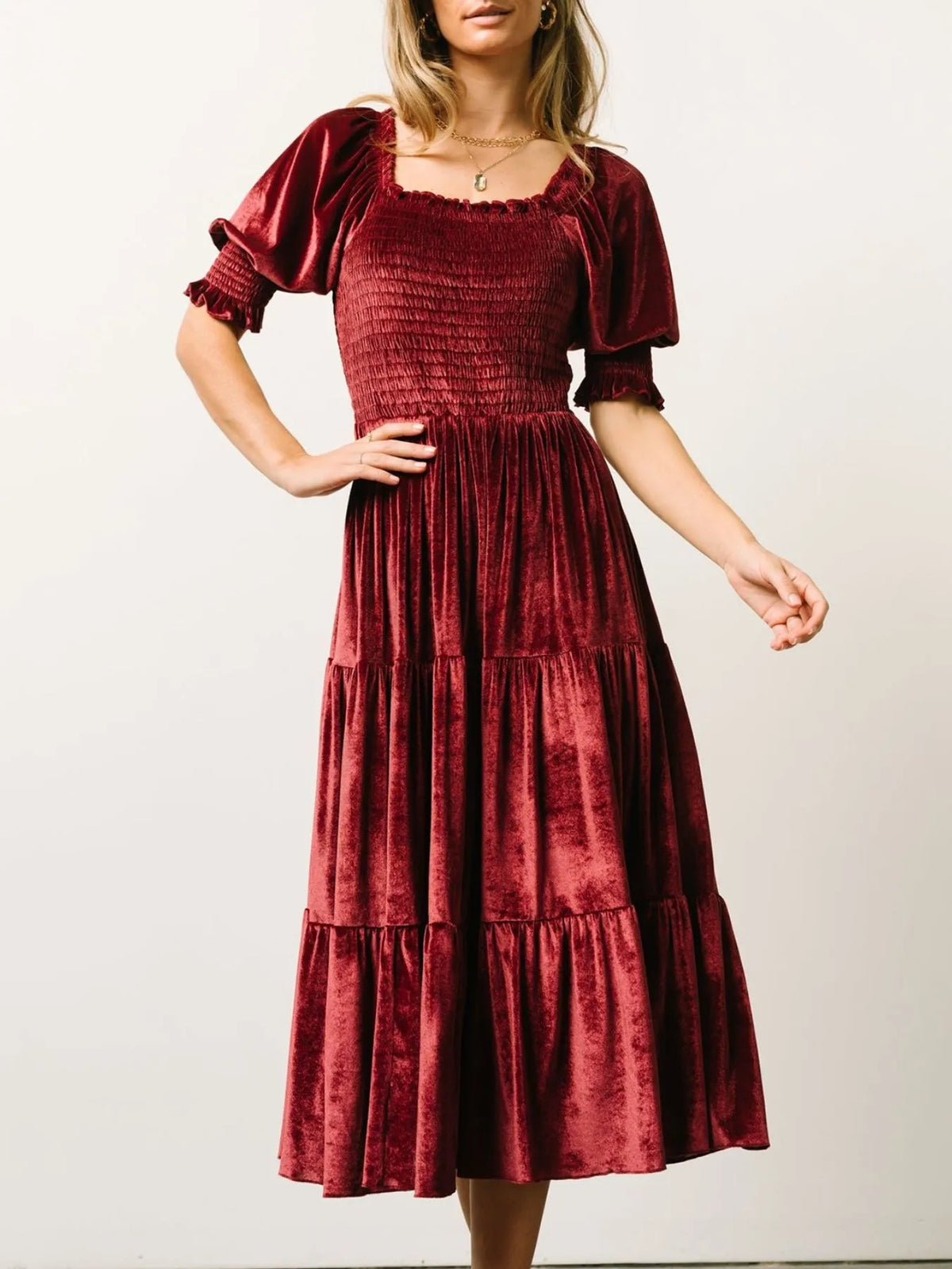 Smocked Half-Sleeve Tiered Midi Dress