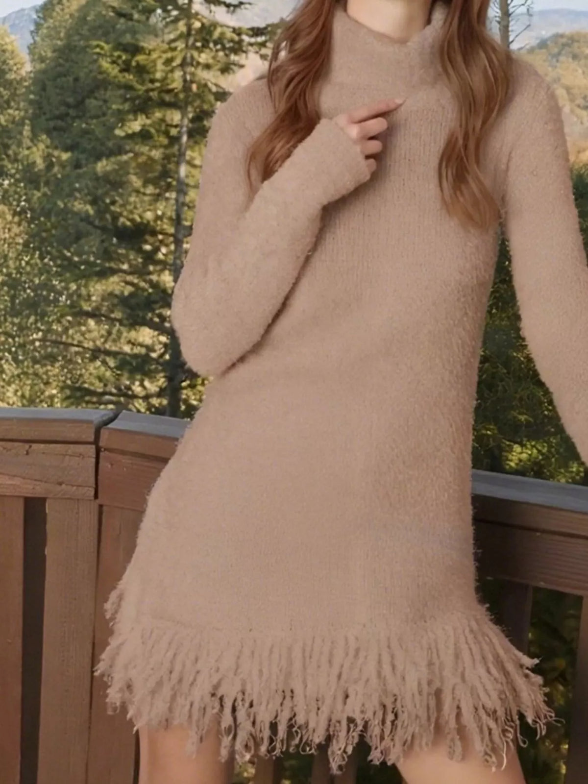 Fringe Turtleneck Sweater Dress