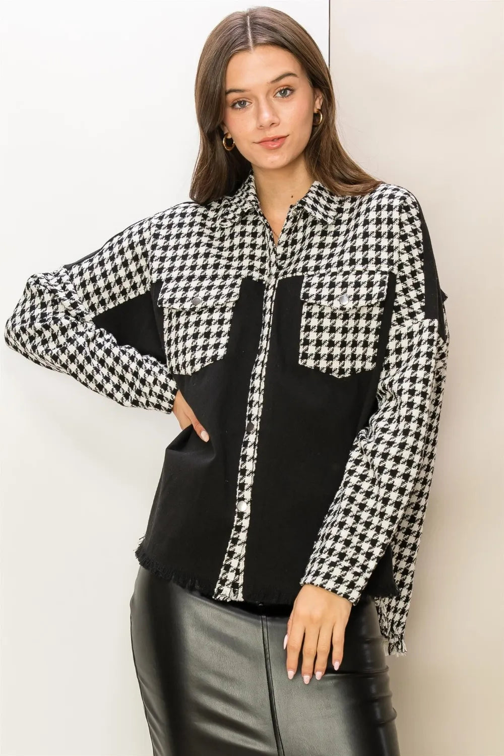 Hyfve Houndstooth Contrast Raw Hem Jacket in Black
