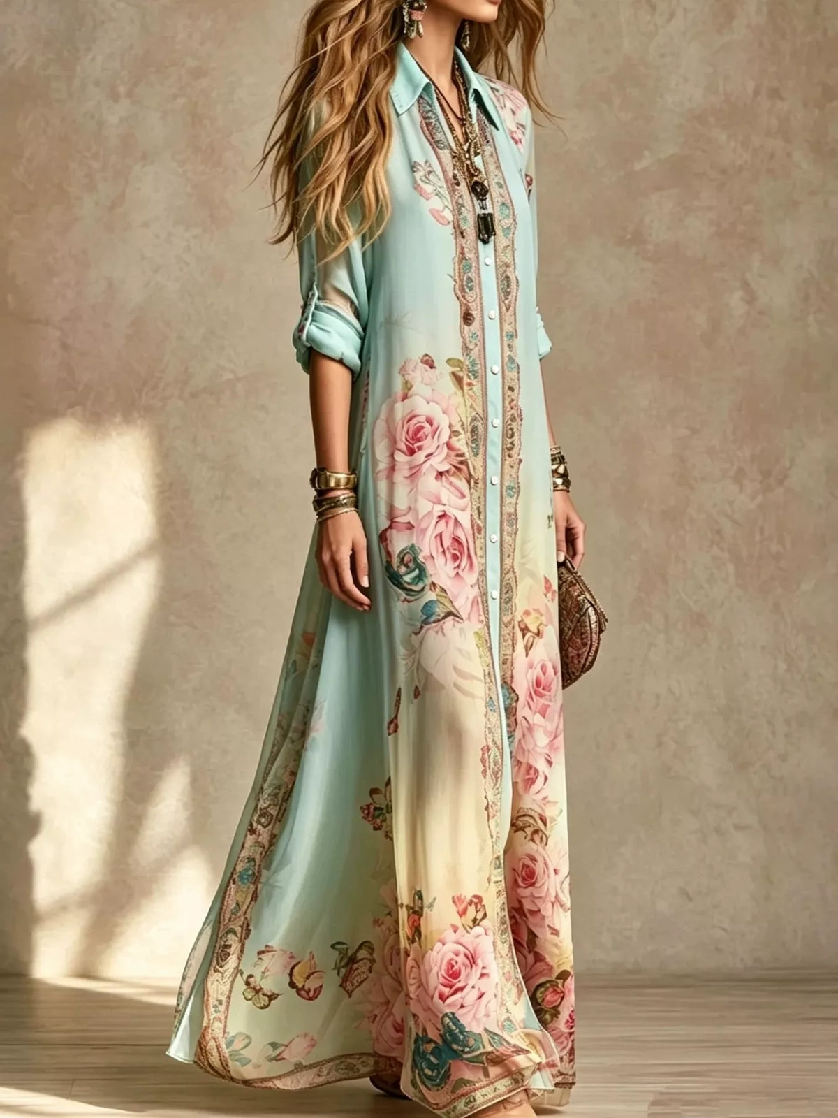Floral Button-Down Maxi Shirt Dress in Green by Kaelinne
