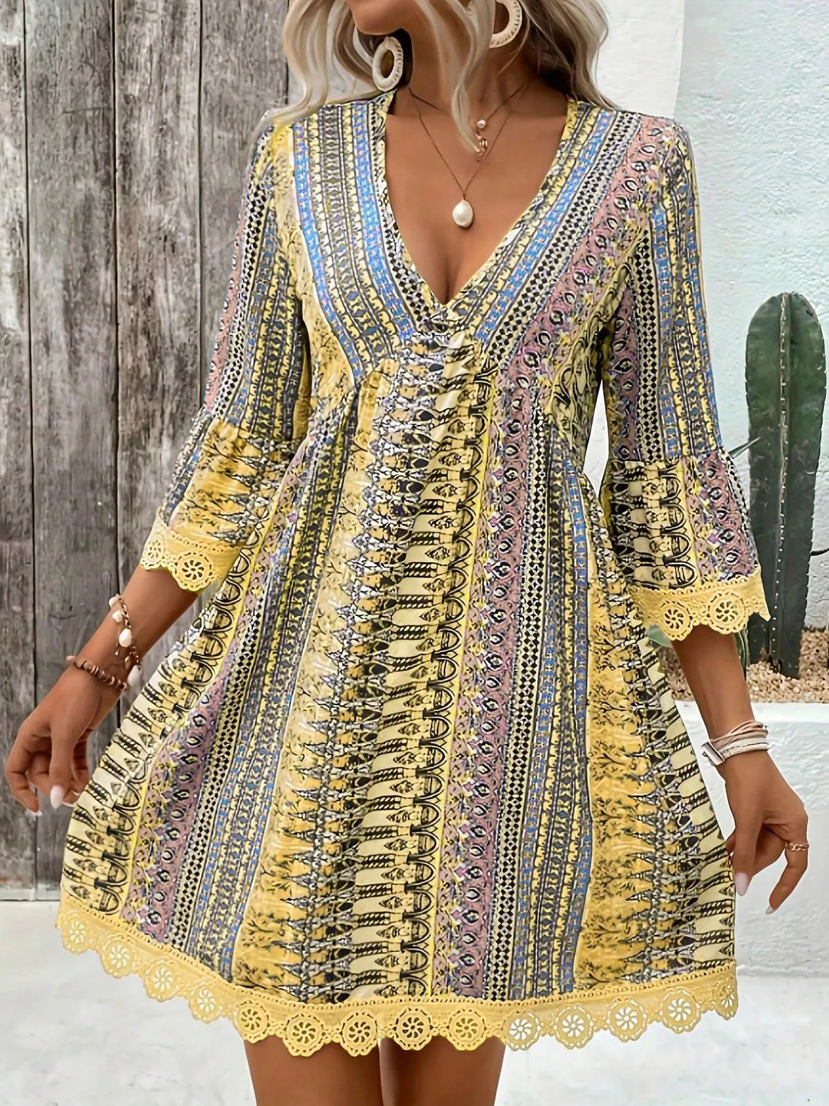 Printed V-Neck A-Line Dress with Lace Detail