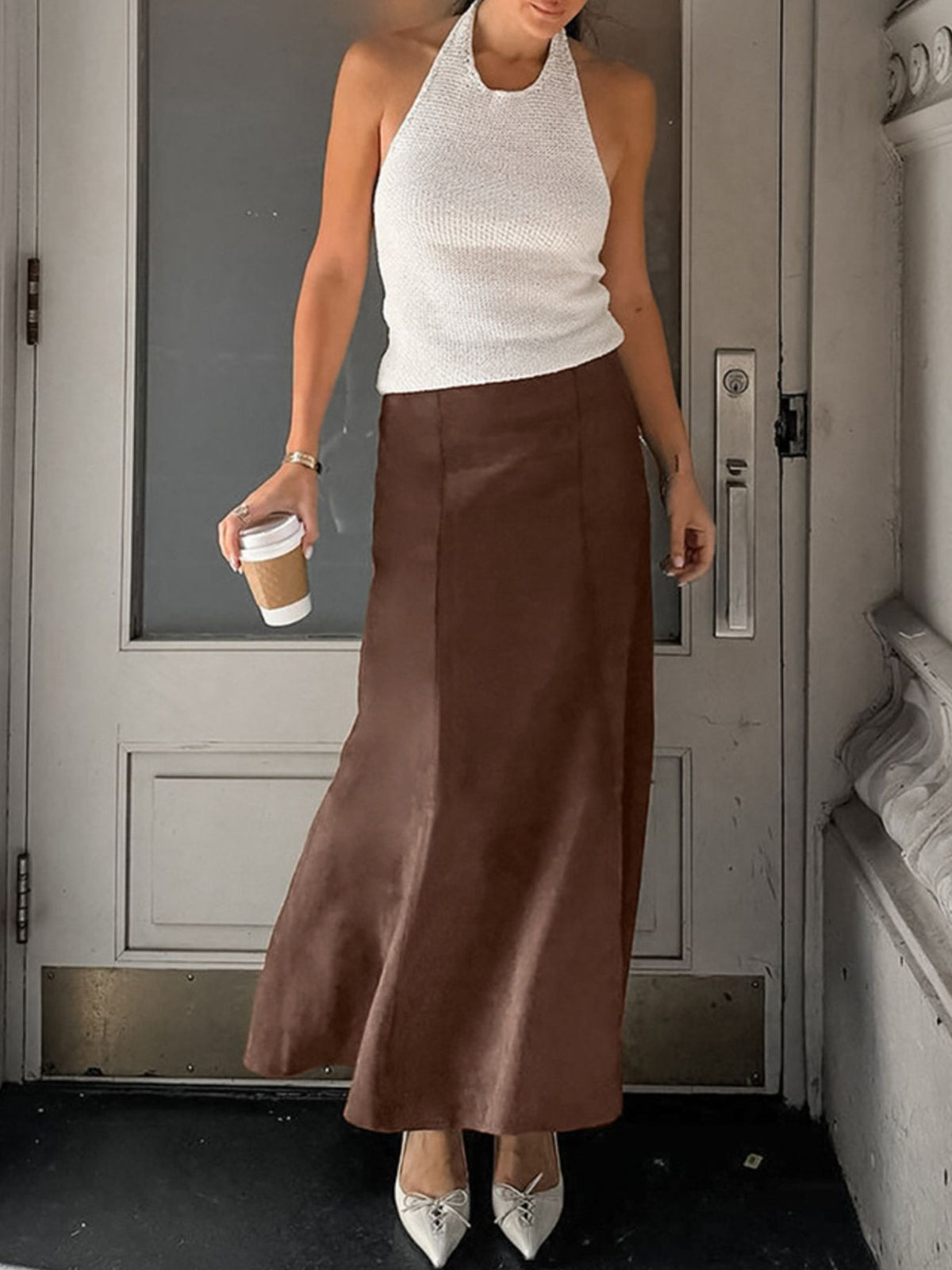Suede Midi Skirt in Dark Brown