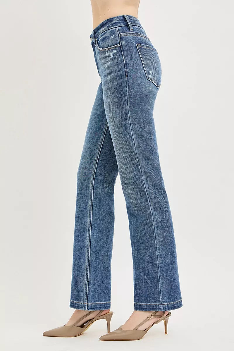 Risen Mid Rise Straight Leg Jeans in Medium Wash