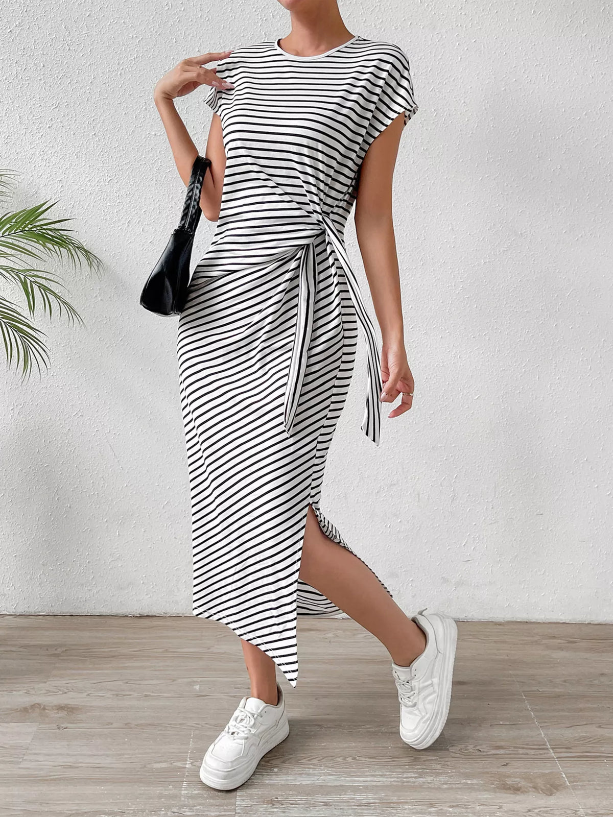 Striped Tie-Side Midi Dress
