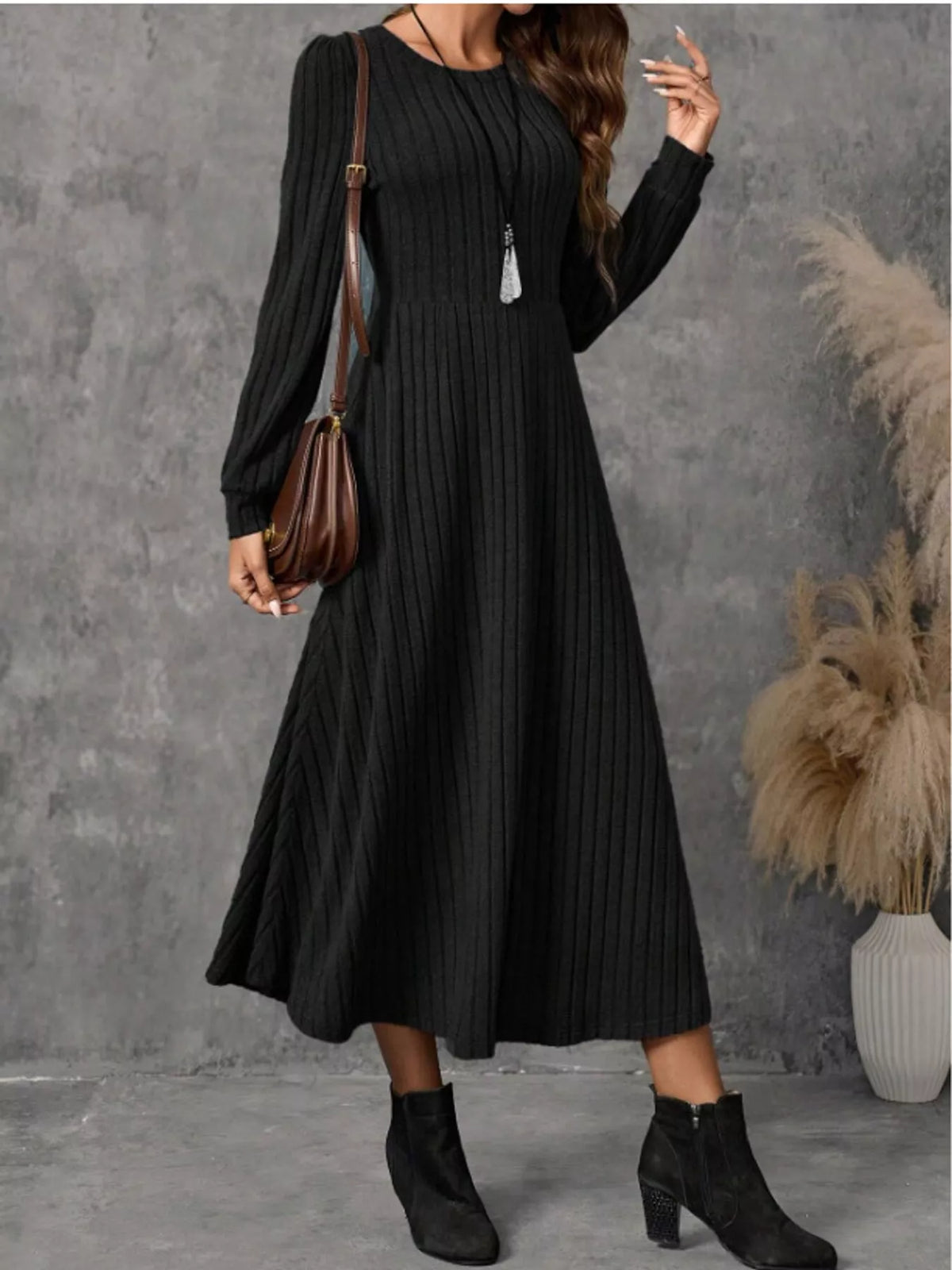Ribbed Knit A-Line Midi Dress