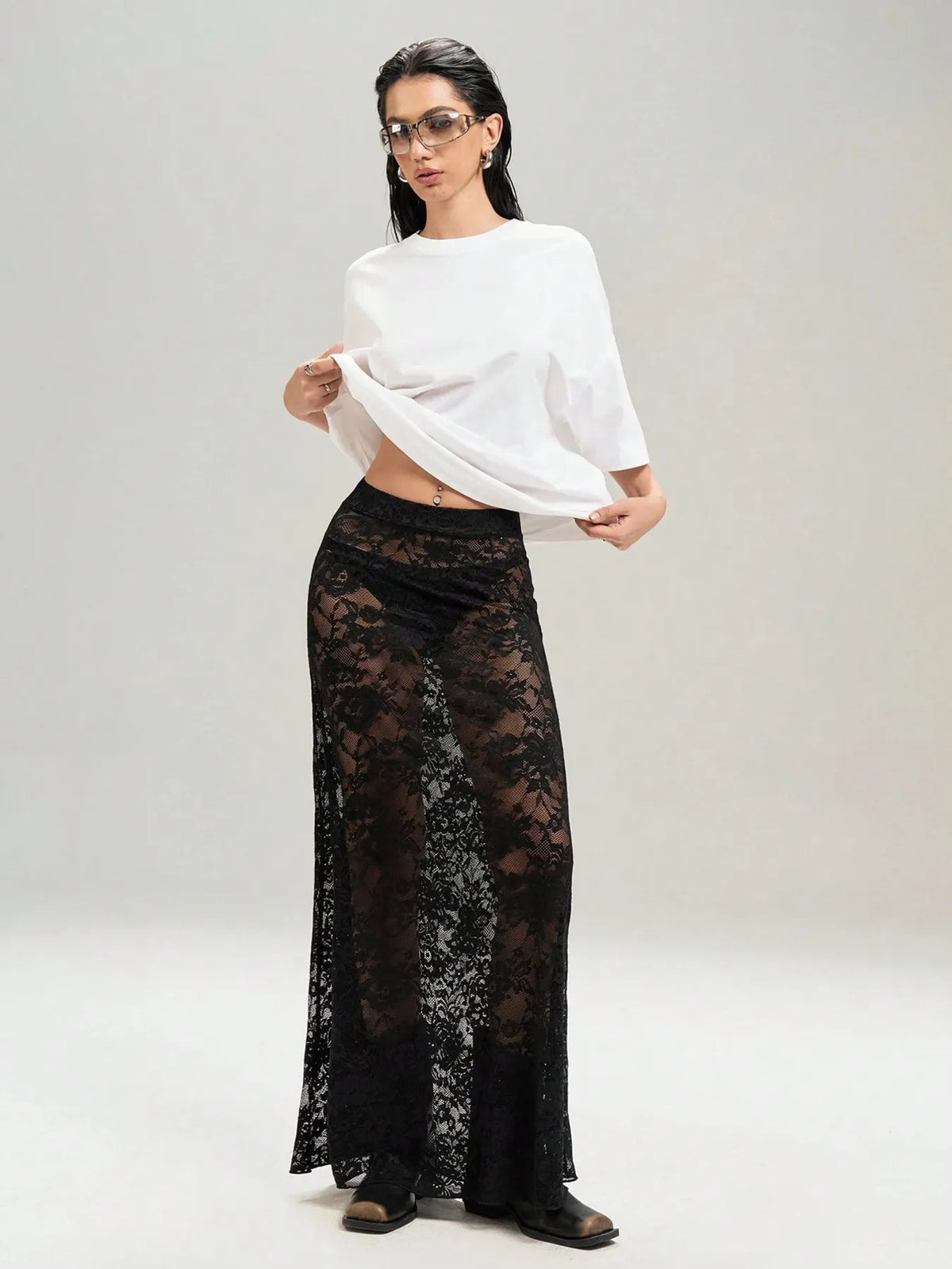 Sheer Lace Maxi Skirt in Black