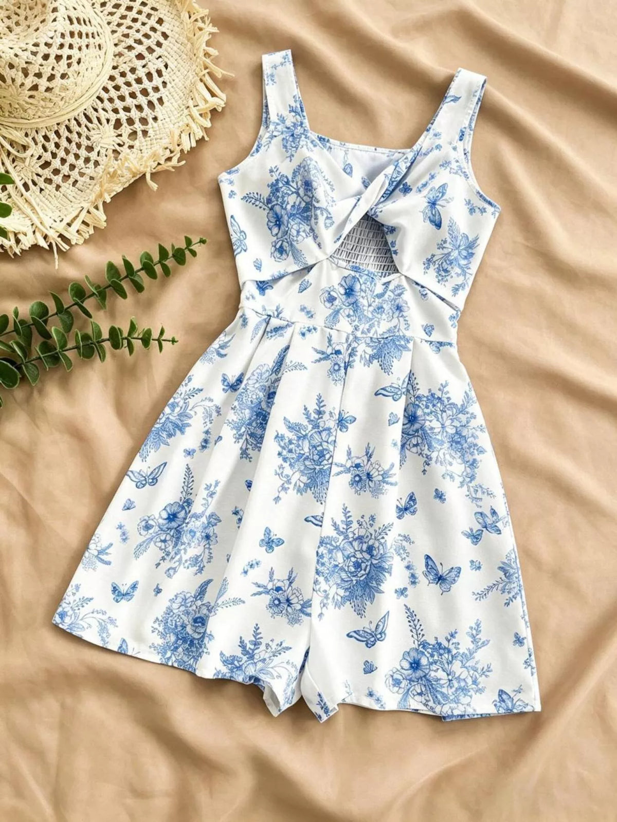 Floral Cutout Romper in Light Blue