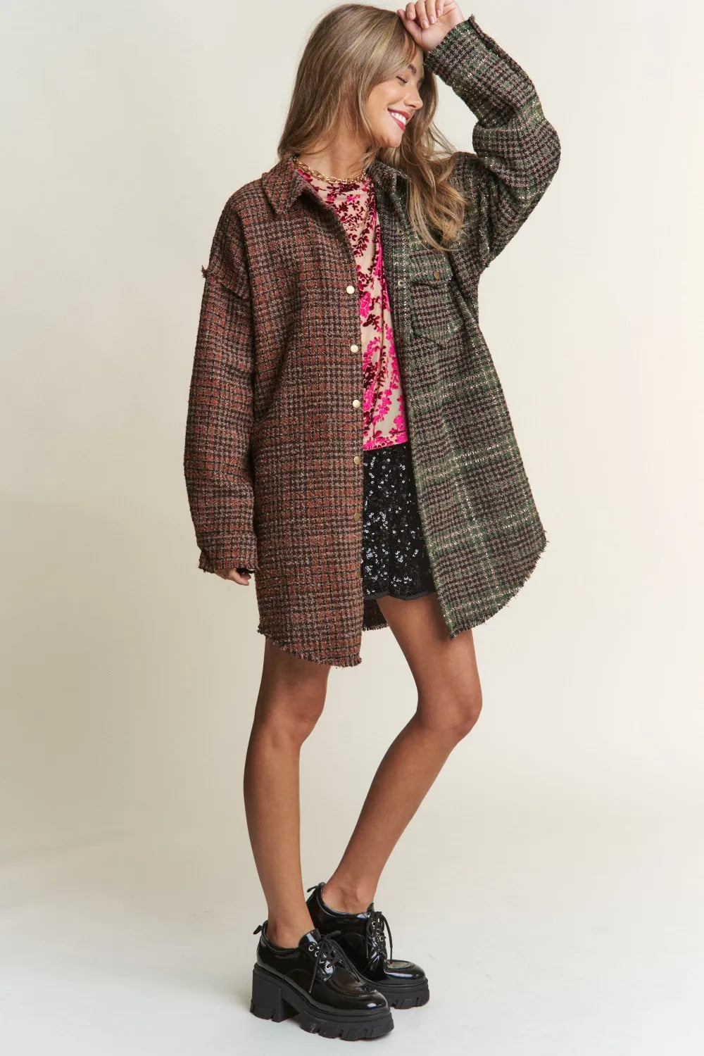Tweed Plaid Longline Shacket in Misty Forest by J.NNA
