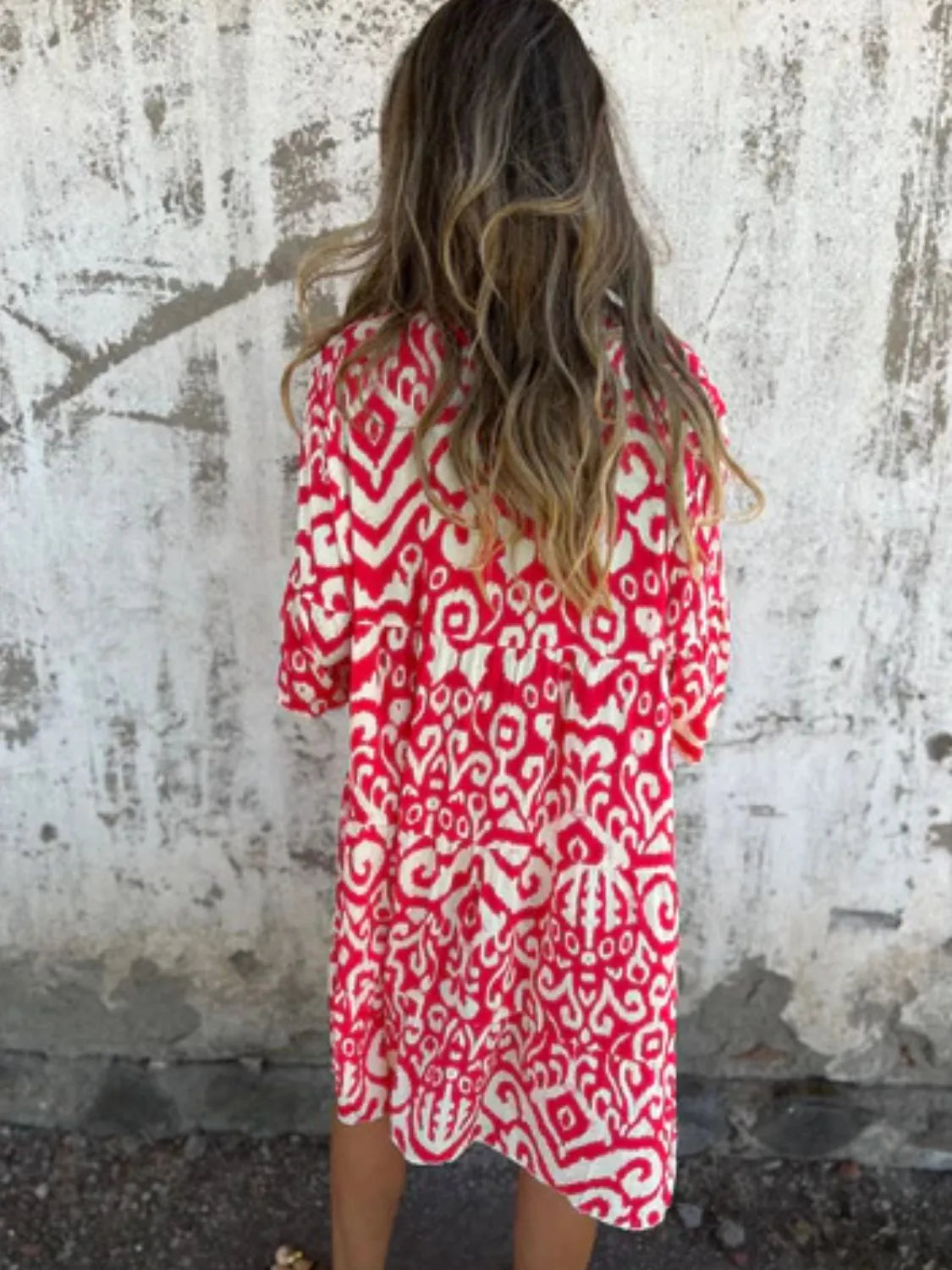 Notched Half Sleeve Printed Plus Size Dress