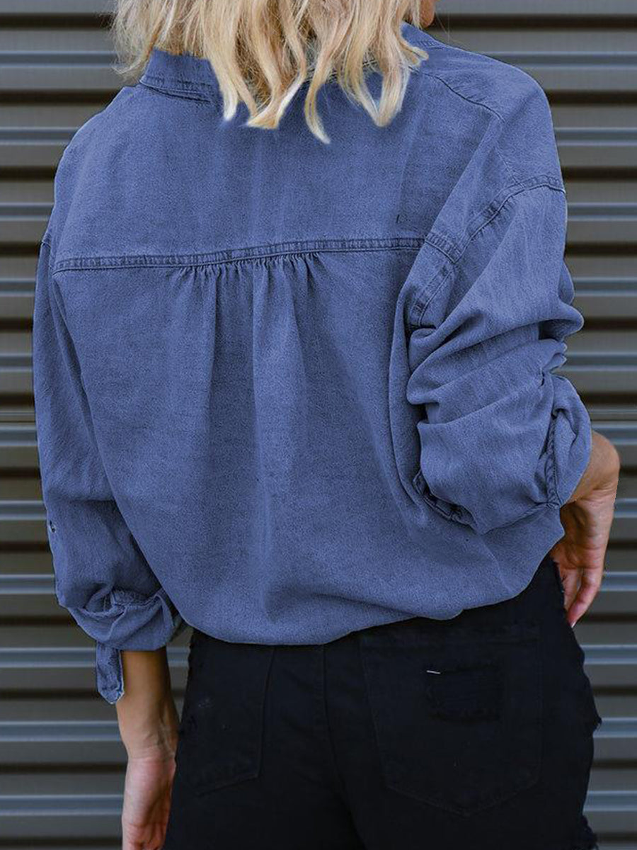 Tie Detail Button-Up Denim Top by Y.Y@Denim