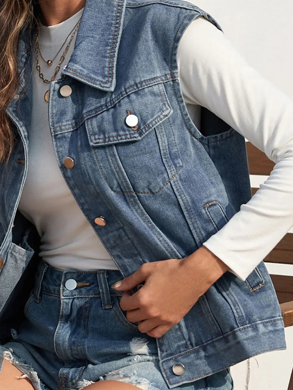 Collared Sleeveless Button-Front Denim Jacket by Manny