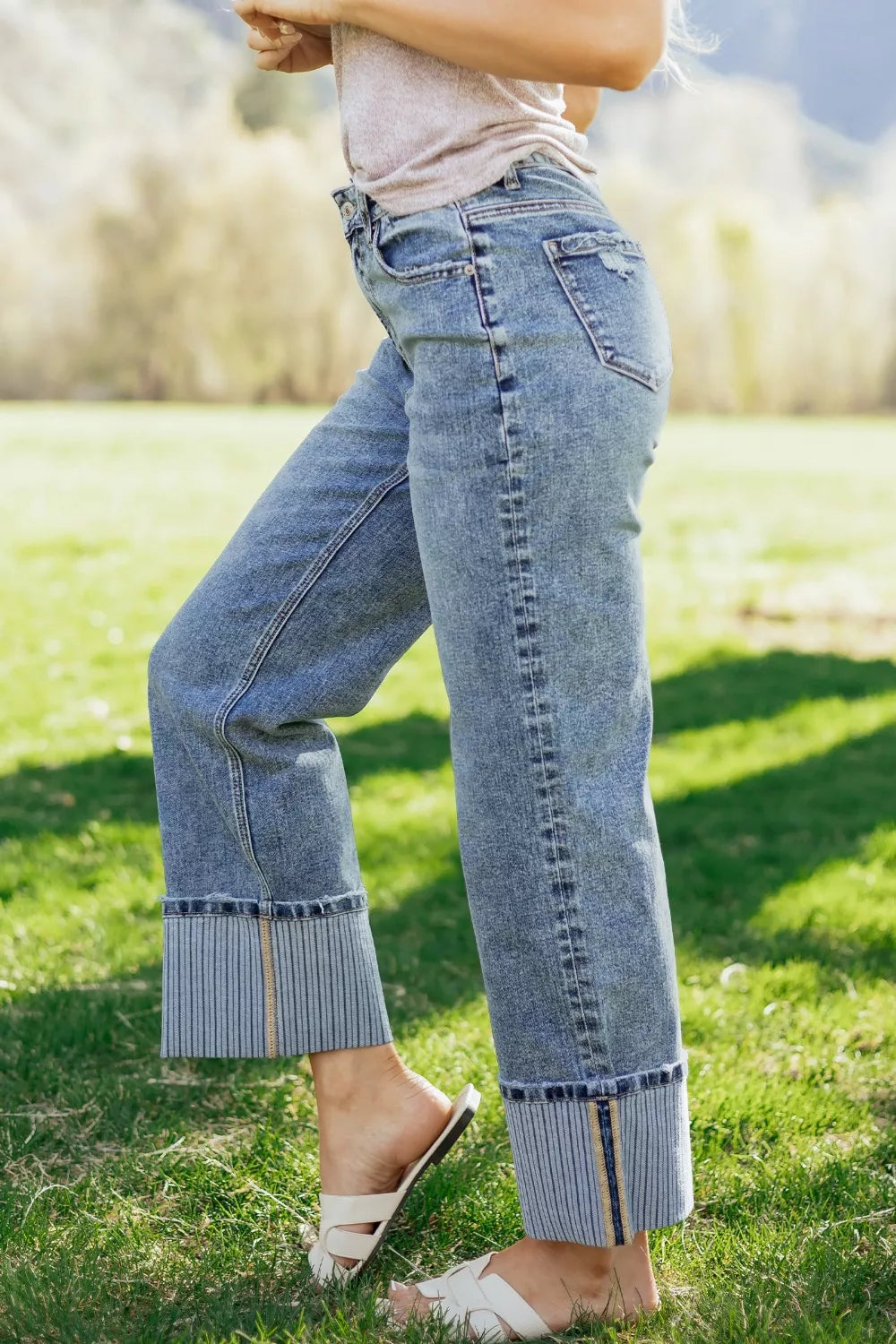 Cuffed Straight-Leg Distressed Jeans in Medium Wash