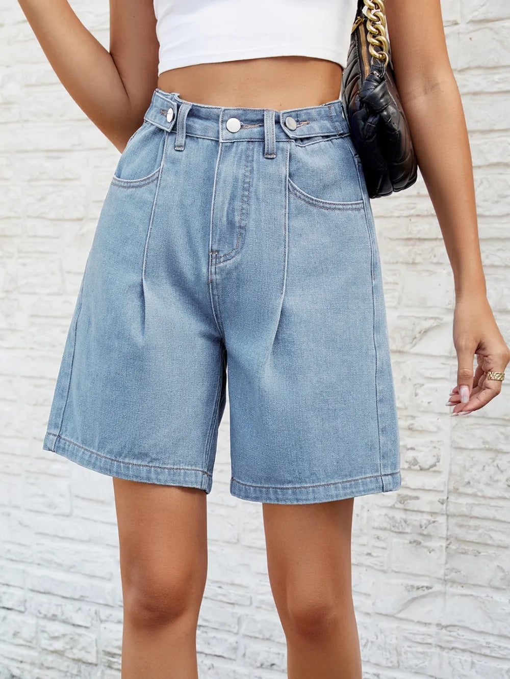 High Waist Button-Front Denim Shorts with Pockets by Manny