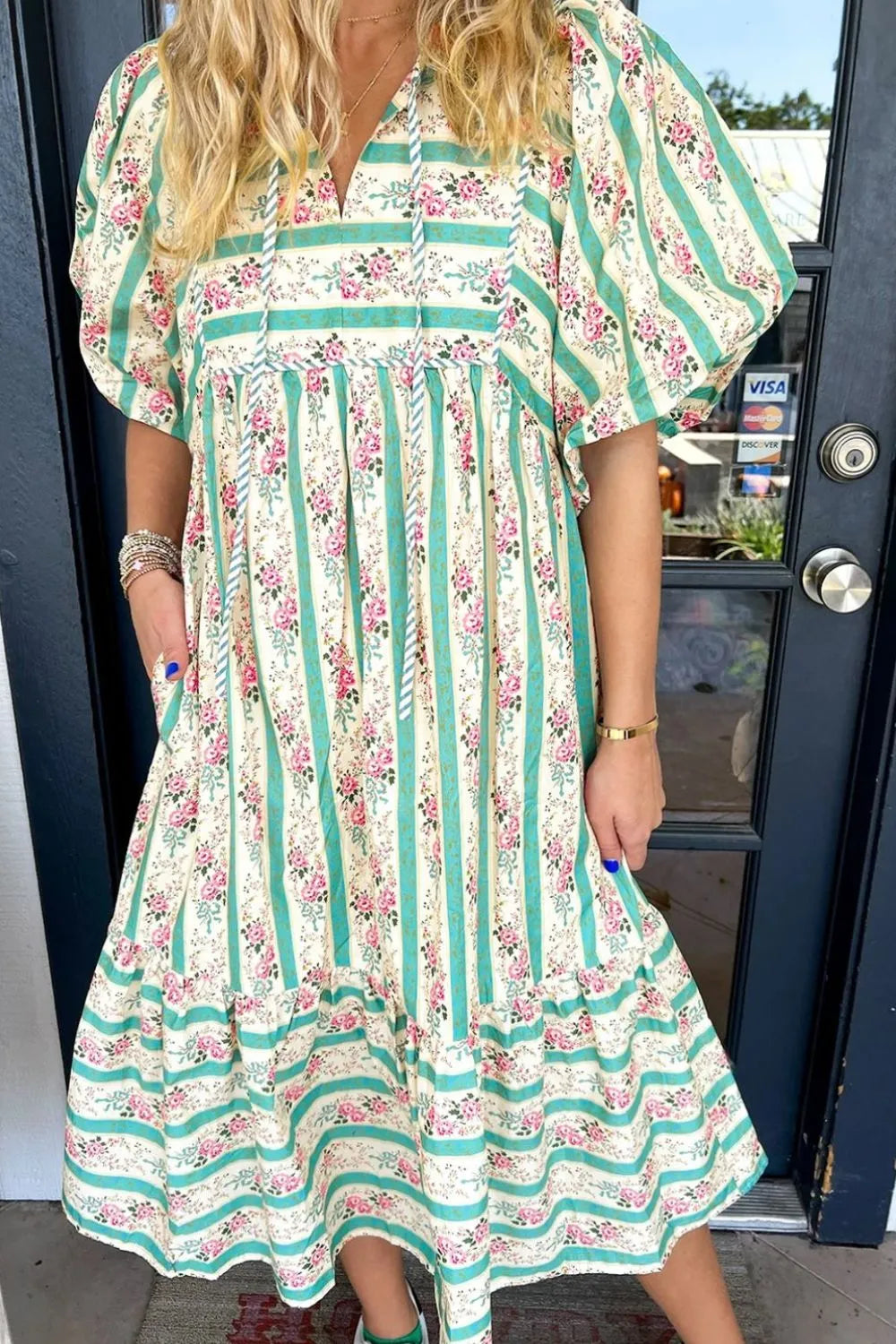 Striped Floral Tie-Neck Puff Sleeve Midi Dress in Sage