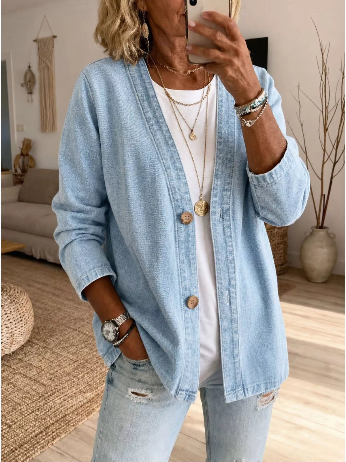 V-Neck Button-Down Denim Jacket by Invera
