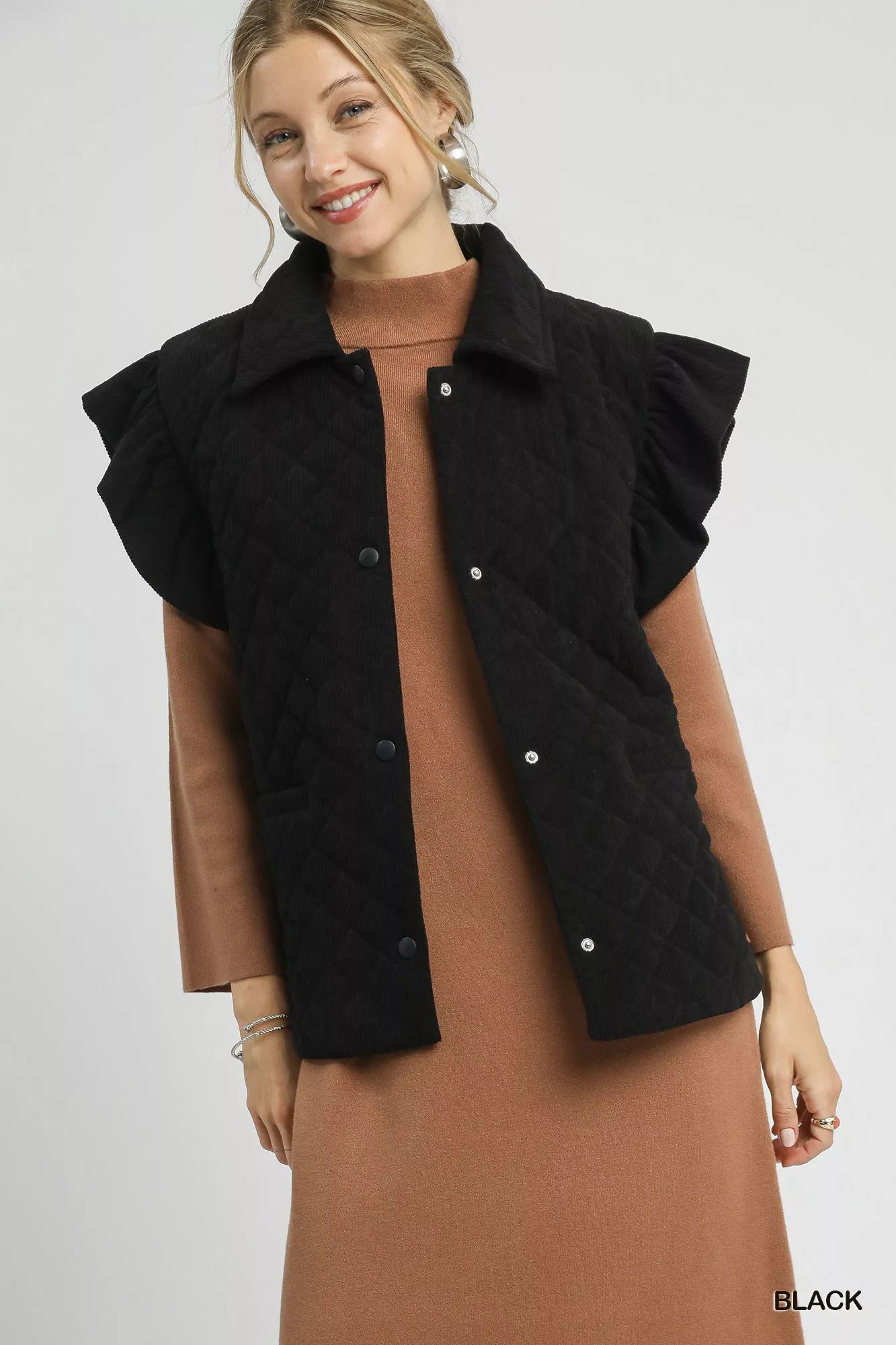 Umgee Corduroy Ruffle Sleeve Vest in Black