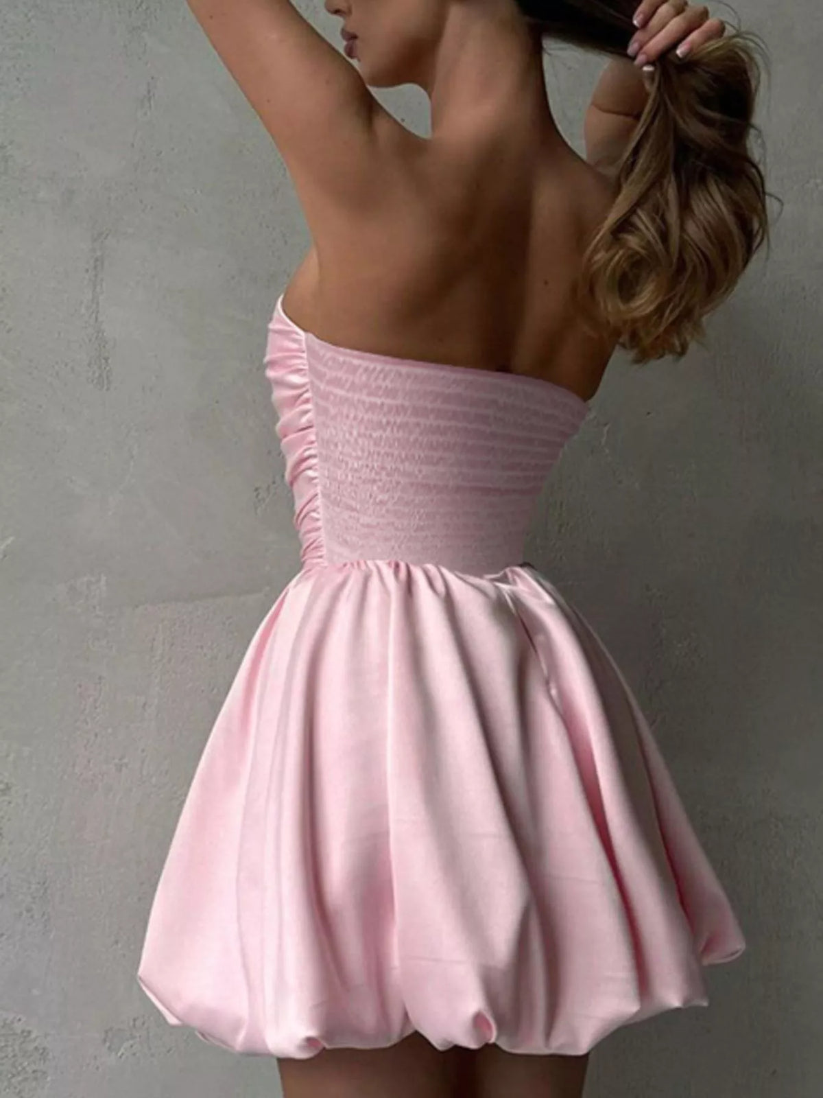 Strapless Ruched Bubble Mini Dress in Blush Pink