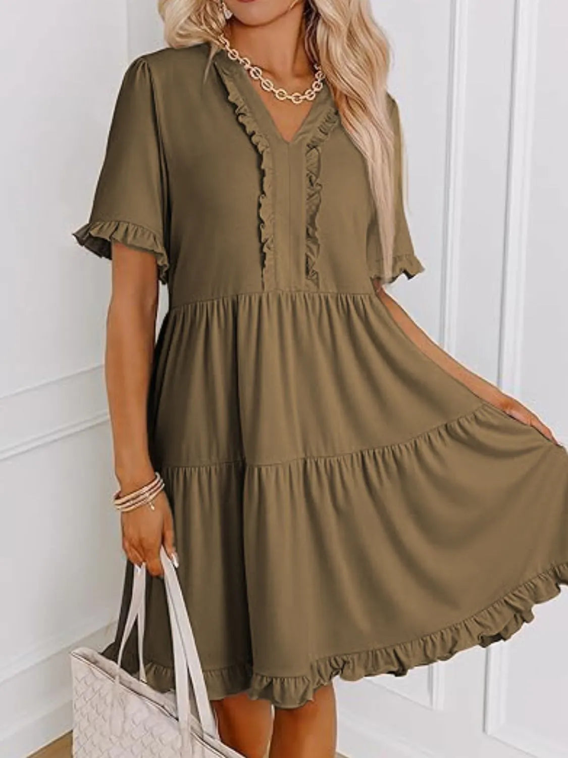 Tiered Notched Short Sleeve Mini Dress by Gen Beauty