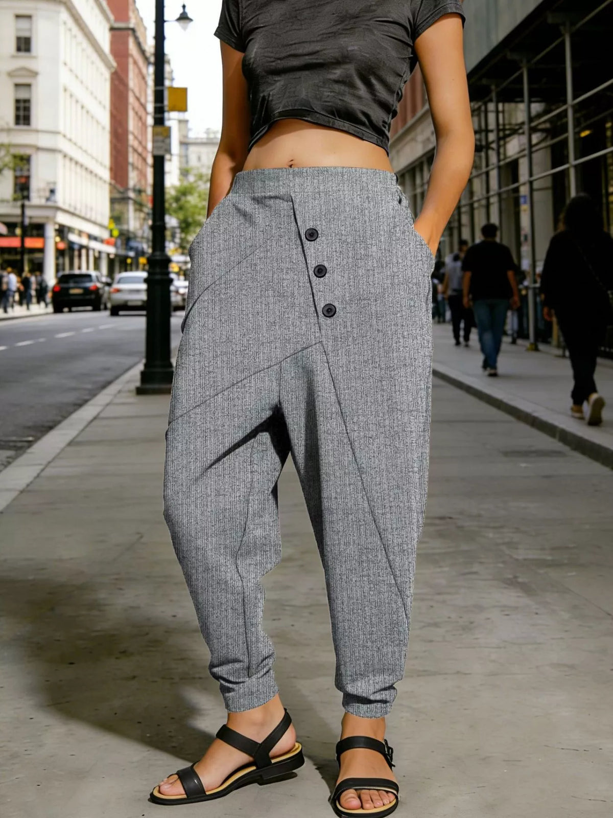 Plus Size Harem Pants with Decorative Buttons