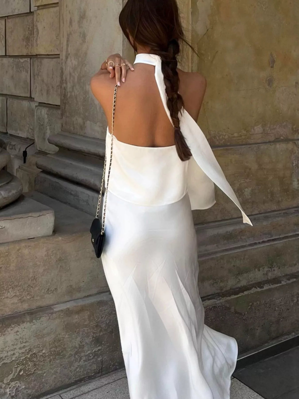 Satin Halter Two-Piece Skirt Set in White