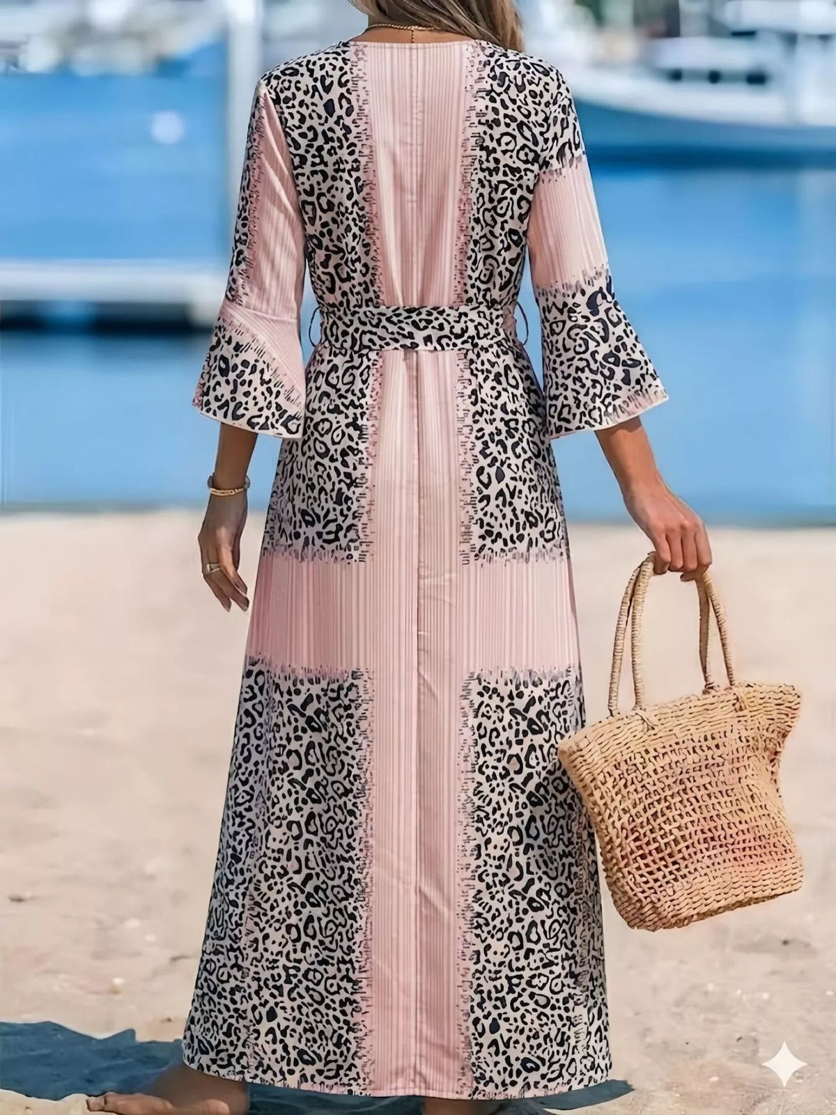 Leopard Print Patchwork Tie Maxi Dress