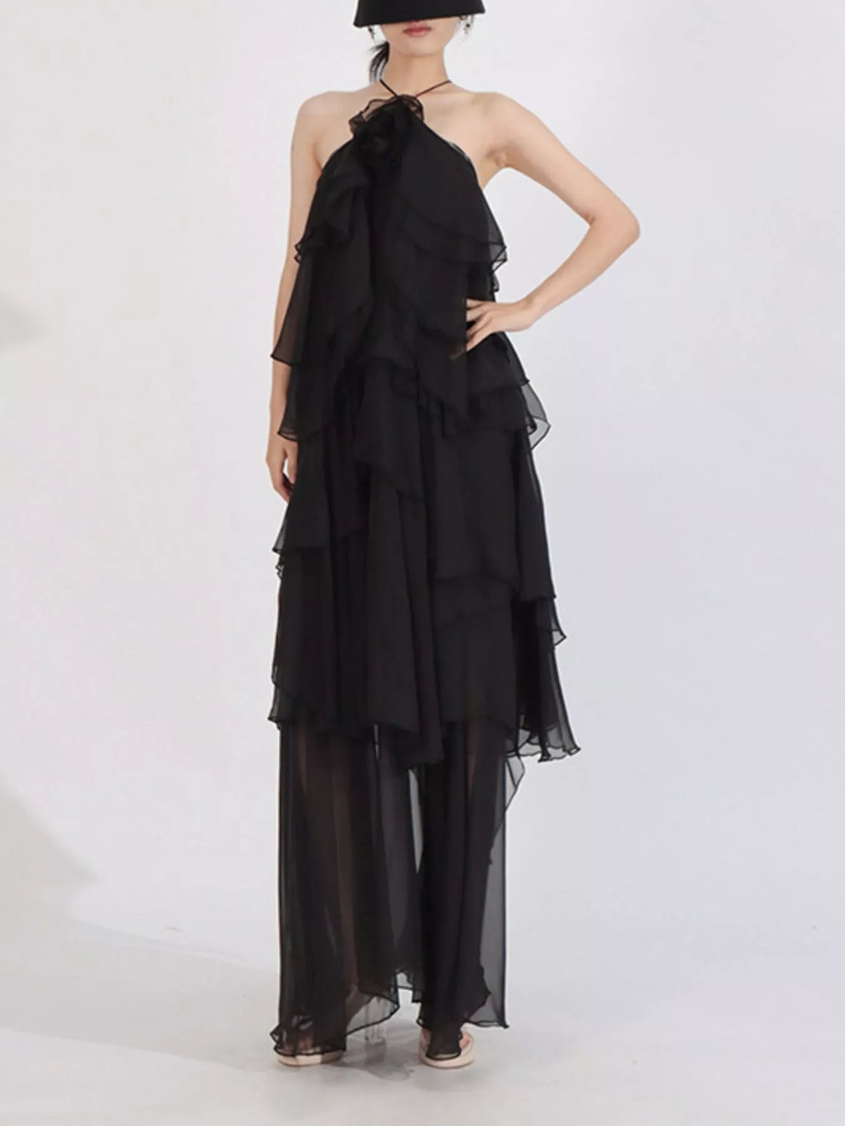 Ruffled Chiffon Halter Maxi Dress