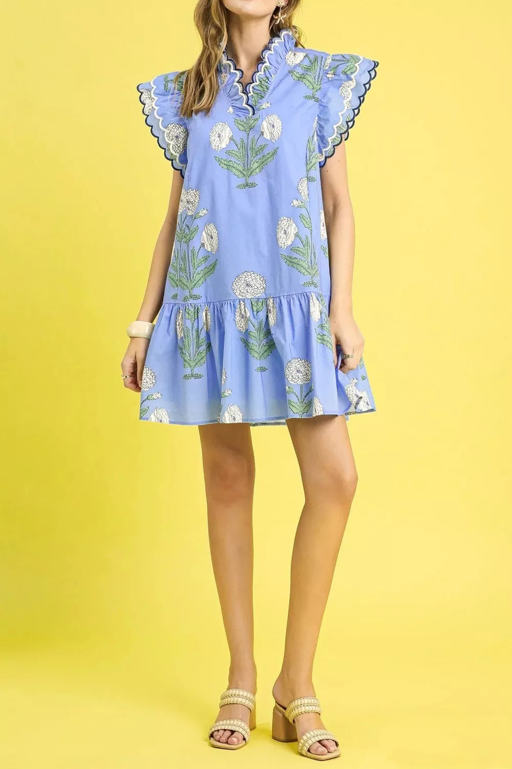 Ruffle Sleeve Floral Dress in Light Blue