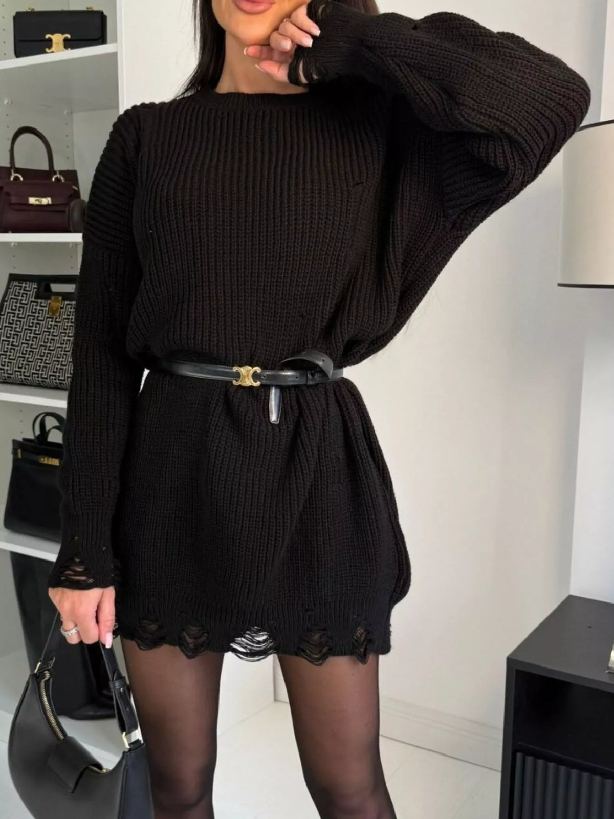 Distressed Round Neck Sweater Dress