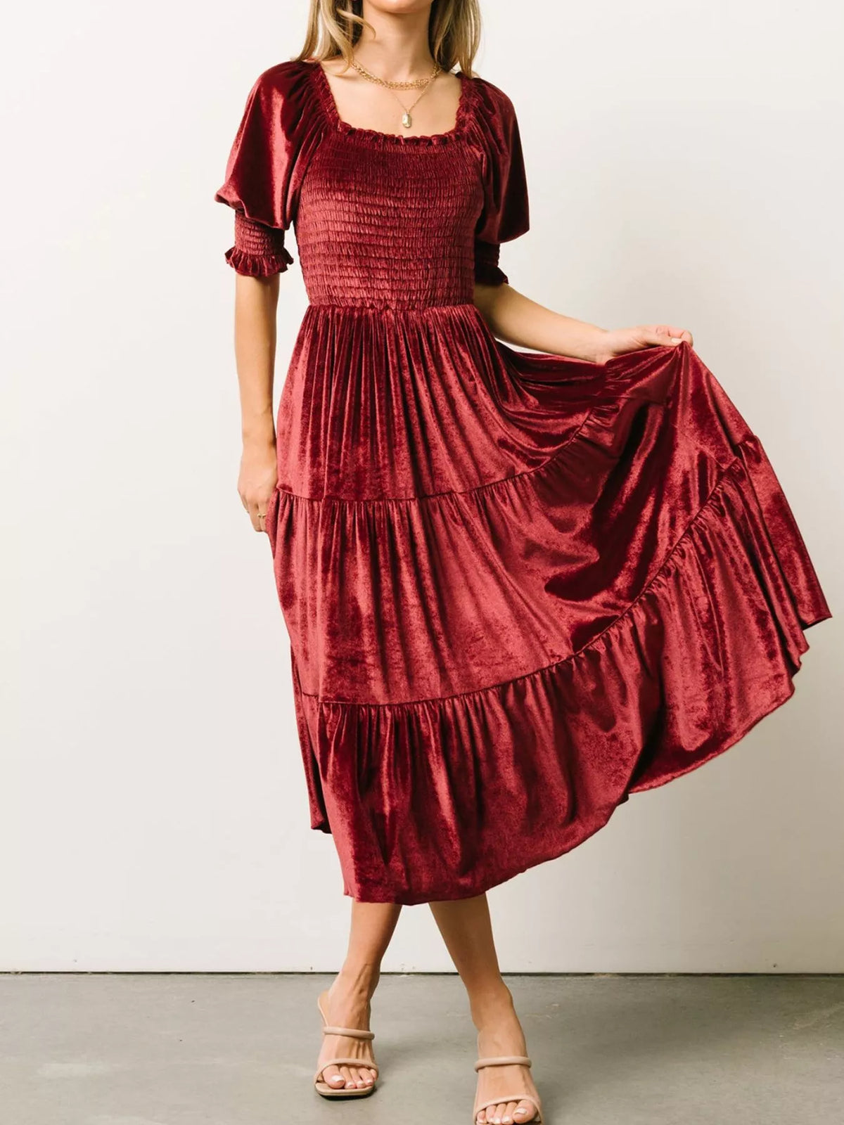 Smocked Tiered Velvet Midi Dress