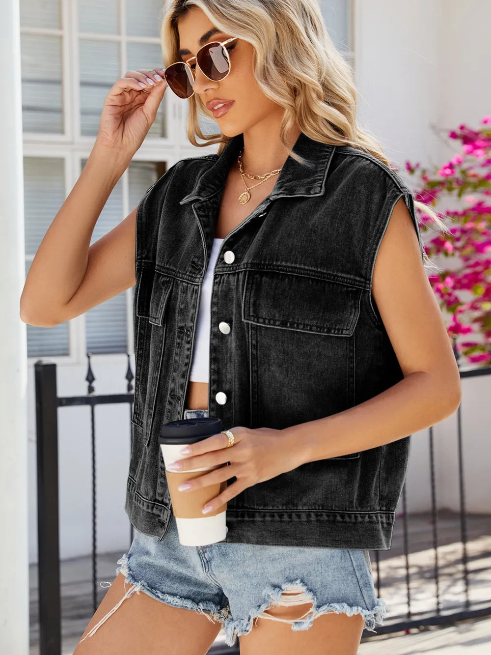 Sleeveless Button-Front Denim Jacket by Manny
