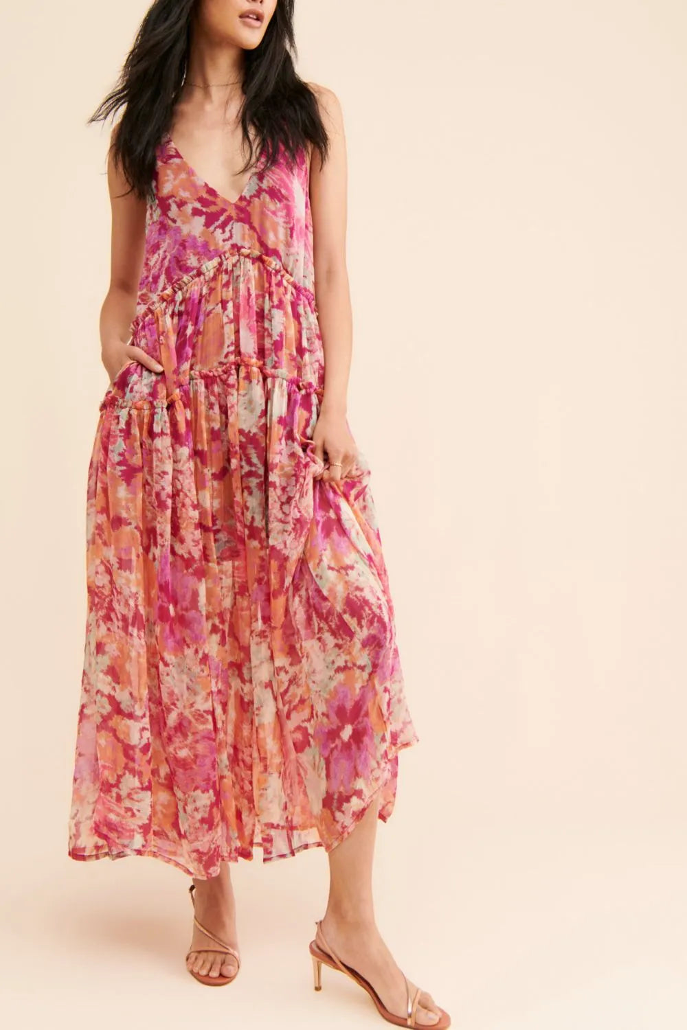 Frill V-Neck Midi Dress in Multicolor