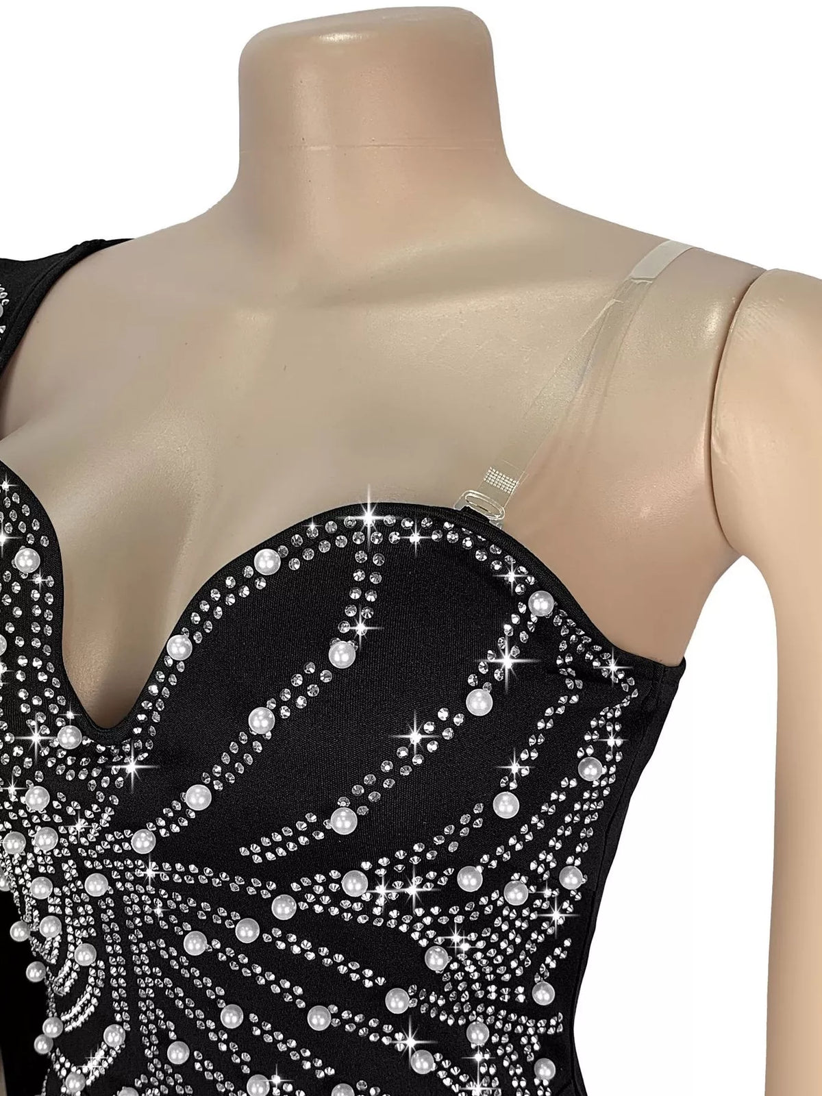 Rhinestone Pearl One-Shoulder Mermaid Dress in Black