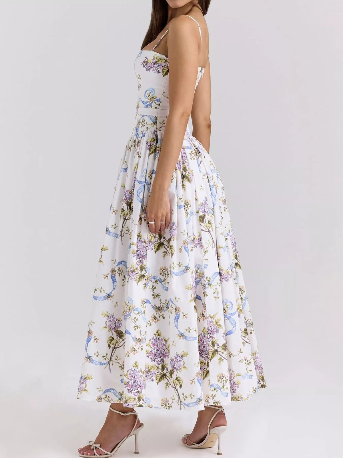 Floral Spaghetti Strap Midi Dress in White
