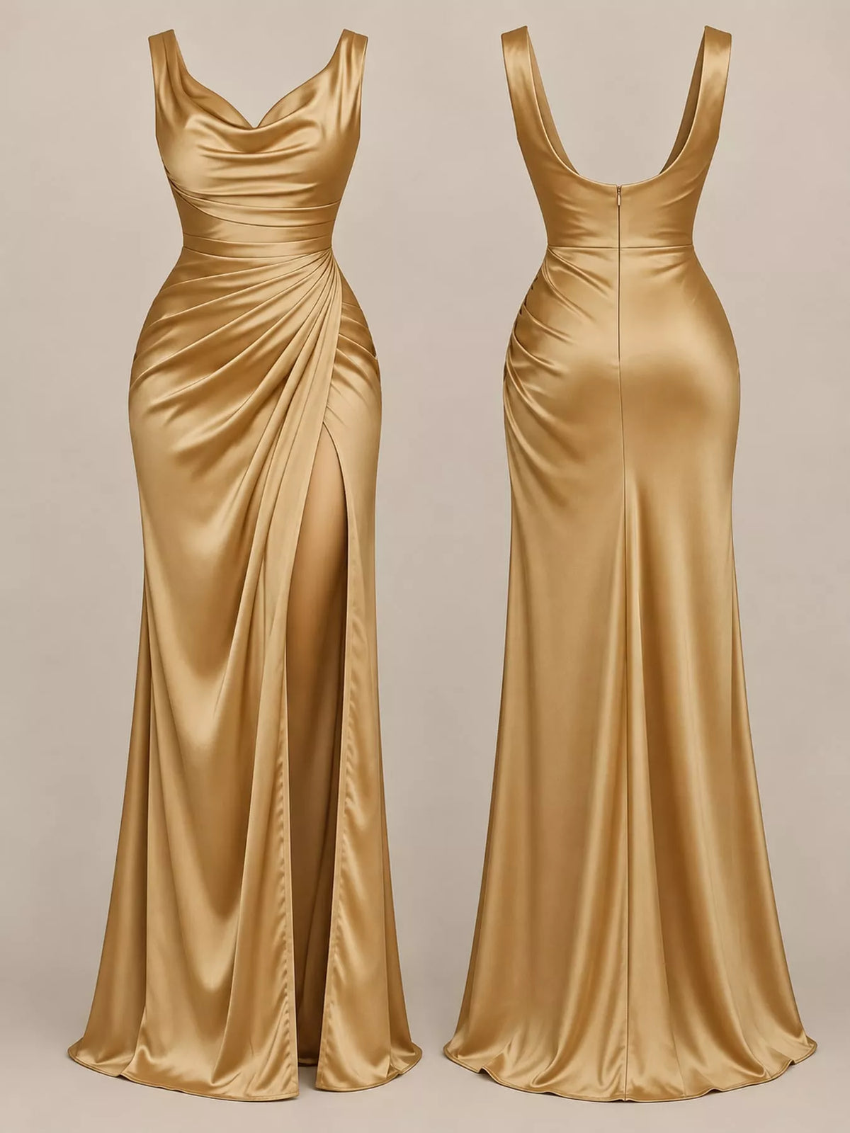 Satin Cowl Neck High-Slit Evening Maxi Dress