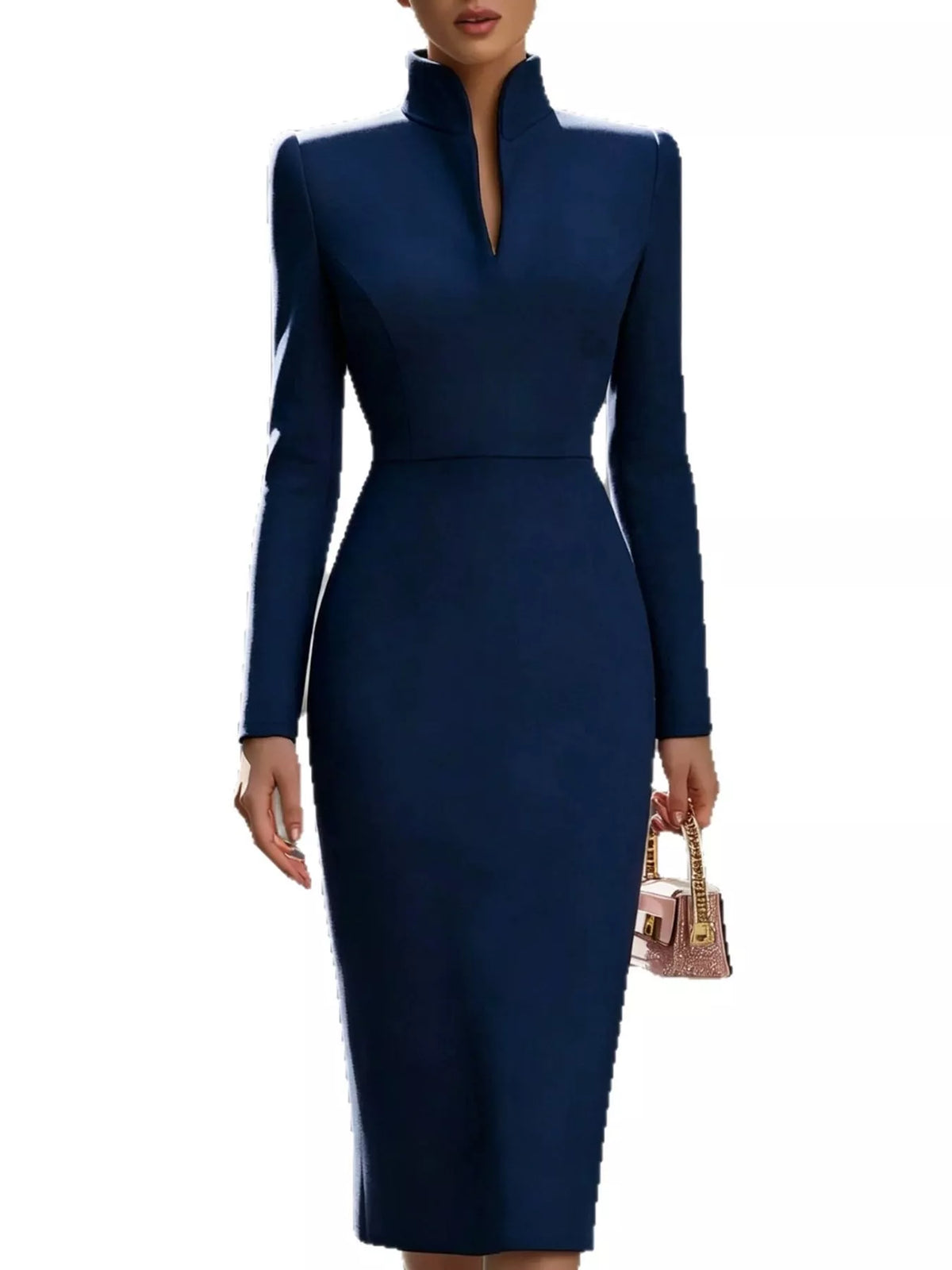 Plus Size Stand-Collar Long-Sleeve Midi Dress