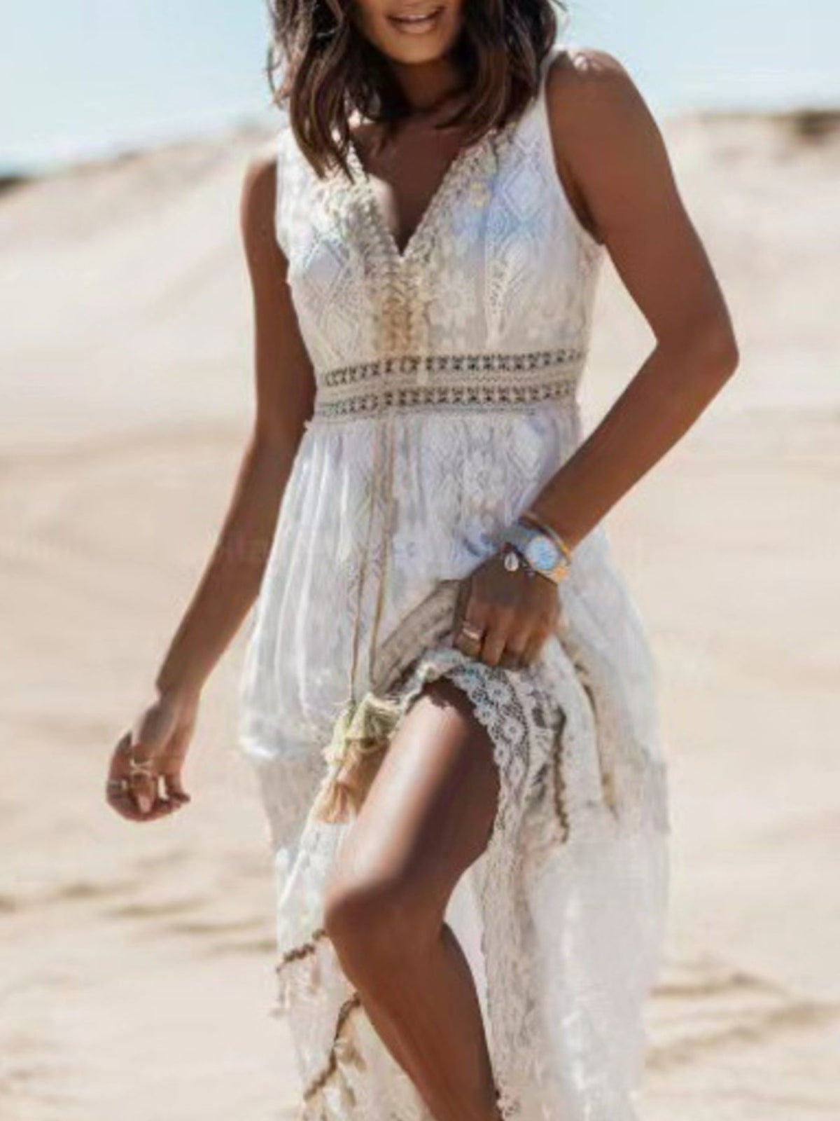 Tasseled Lace V-Neck Maxi Dress