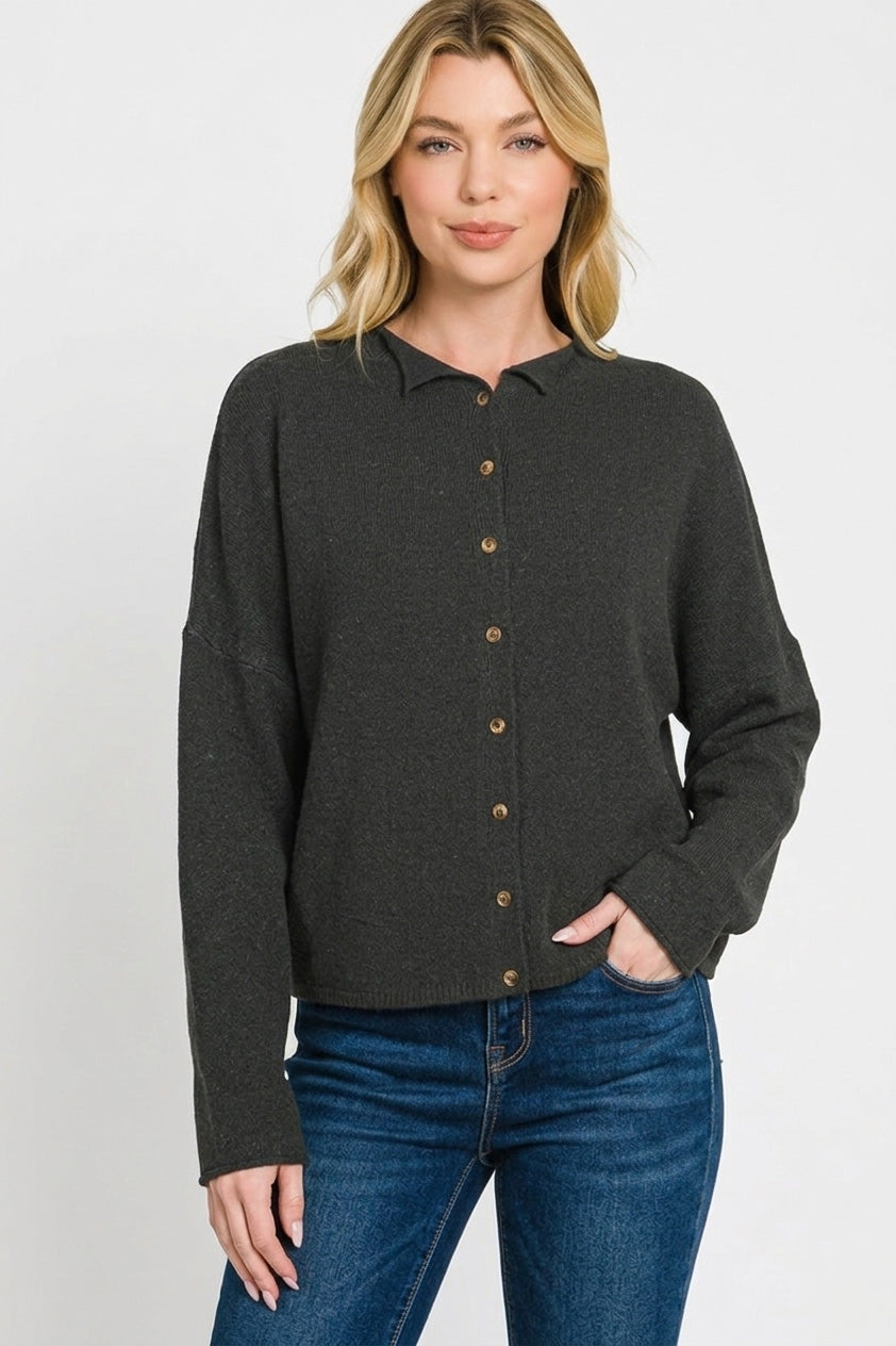Zenana Collared Button-Down Cardigan in Black