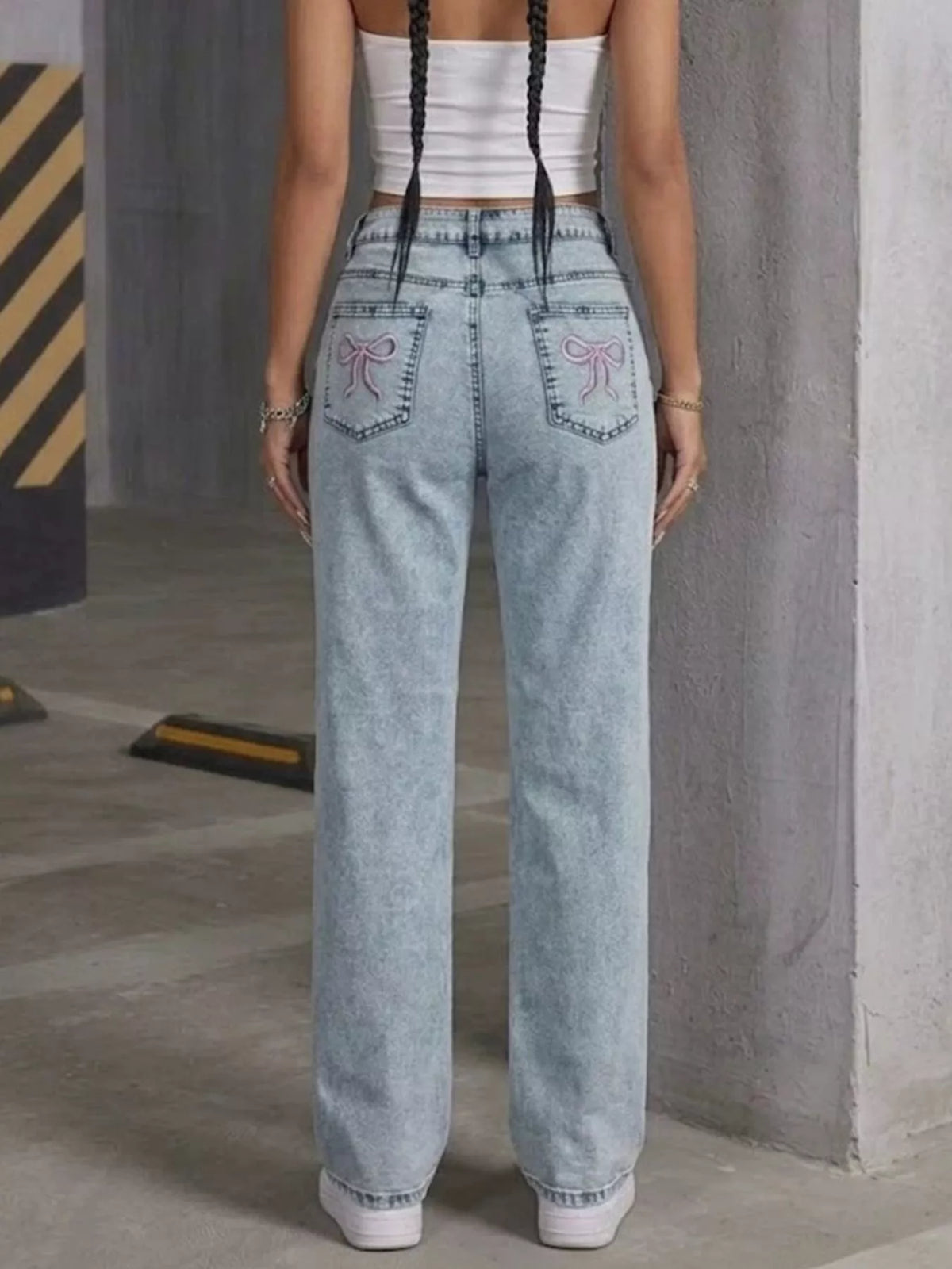 High-Waisted Acid Wash Straight Leg Jeans in Light Blue