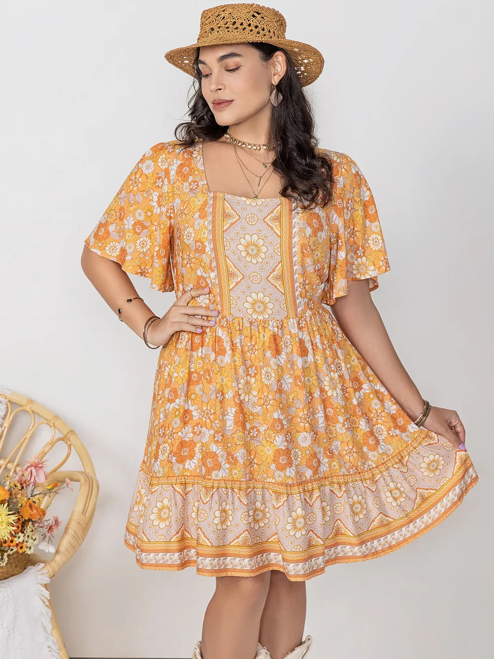 Square Neck Short Sleeve Plus Size Dress in Gold