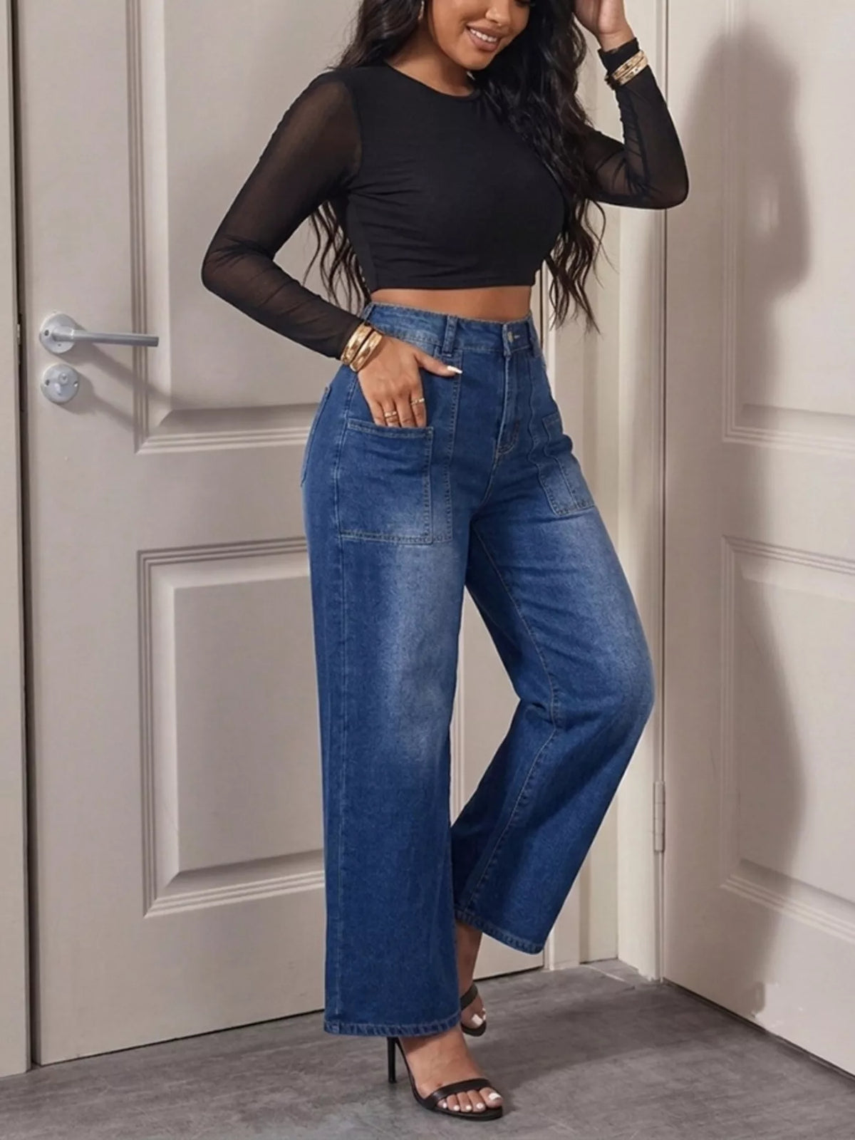 High-Waisted Wide Leg Jeans in Peacock Blue in Peacock  Blue