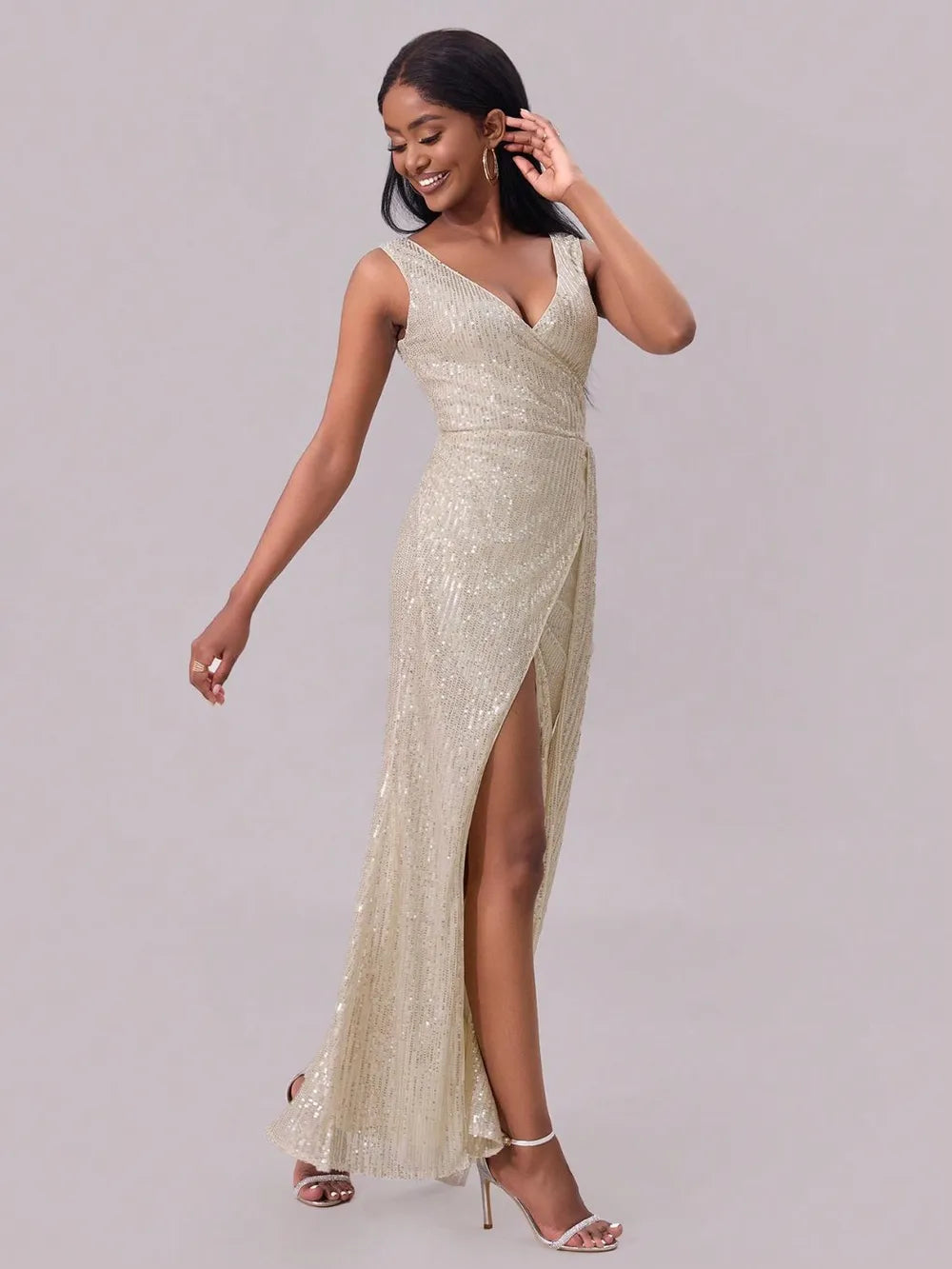 Sequin Surplice Maxi Dress in Champagne in Champagne Color by Jubilair