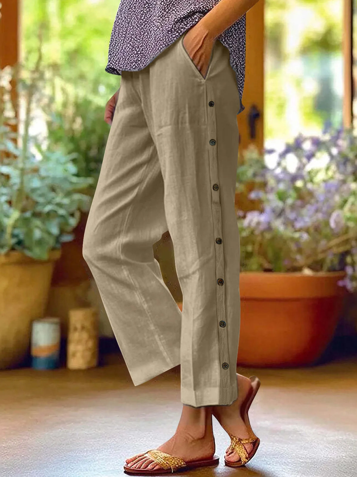 Side Button Wide Leg Pants, Plus Size