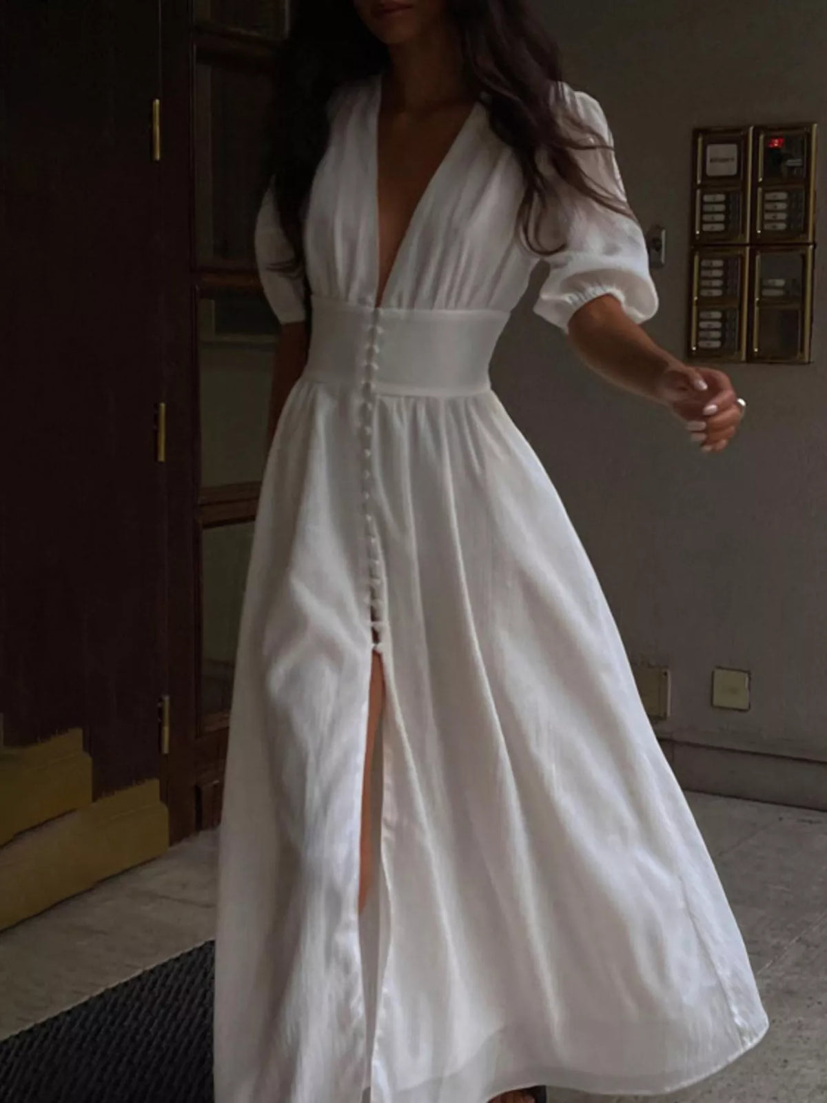 Buttoned Puff Sleeve Maxi Dress in White