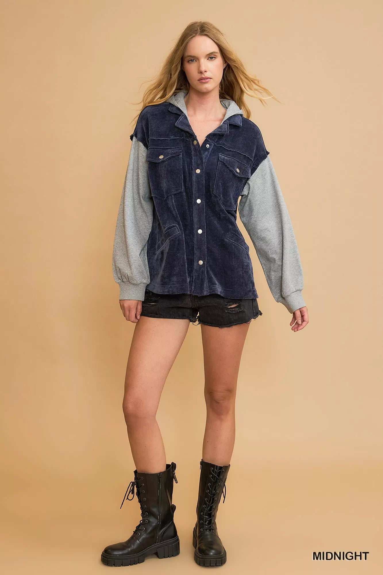 Umgee Hooded Chenille Jacket in Midnight