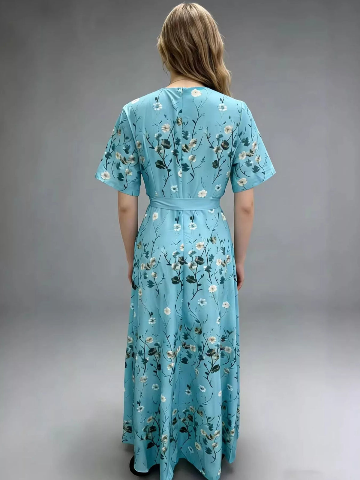 Floral Print Belted Wrap Maxi Dress in Sky Blue